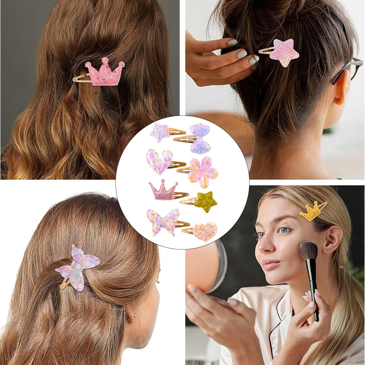 Pack of 16 Hair Clips Cute Metal Hair Barrettes Sparkling Hair Clips for Girls, Crown, Butterfly, Star, Heart Shaped Glitter Little Girl Clip, Non-Slip Hair Styling Accessories for Women image number 3