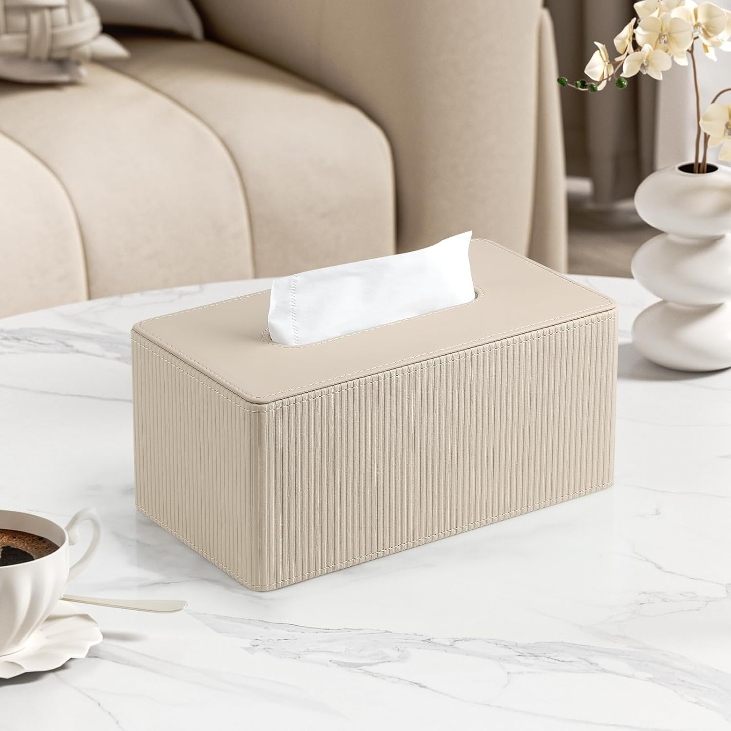 Cretkhp PU Leather Tissue Box Cover with Magnetic Closure, Modern Rectangular Tissue Box Holder Decorative for Bathroom Vanity Countertop Night Stands Bedroom Office (Beige Striped, Rectangular) image number 4