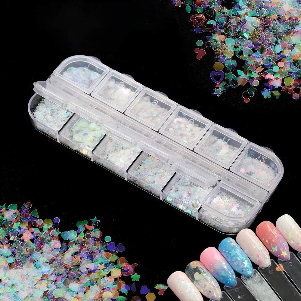 2 Box Holographic Nail Sequins Colorful Nail Glitter Fine Glitter with Heart Flower Moon Stars Shape for Makeup Body image number 3
