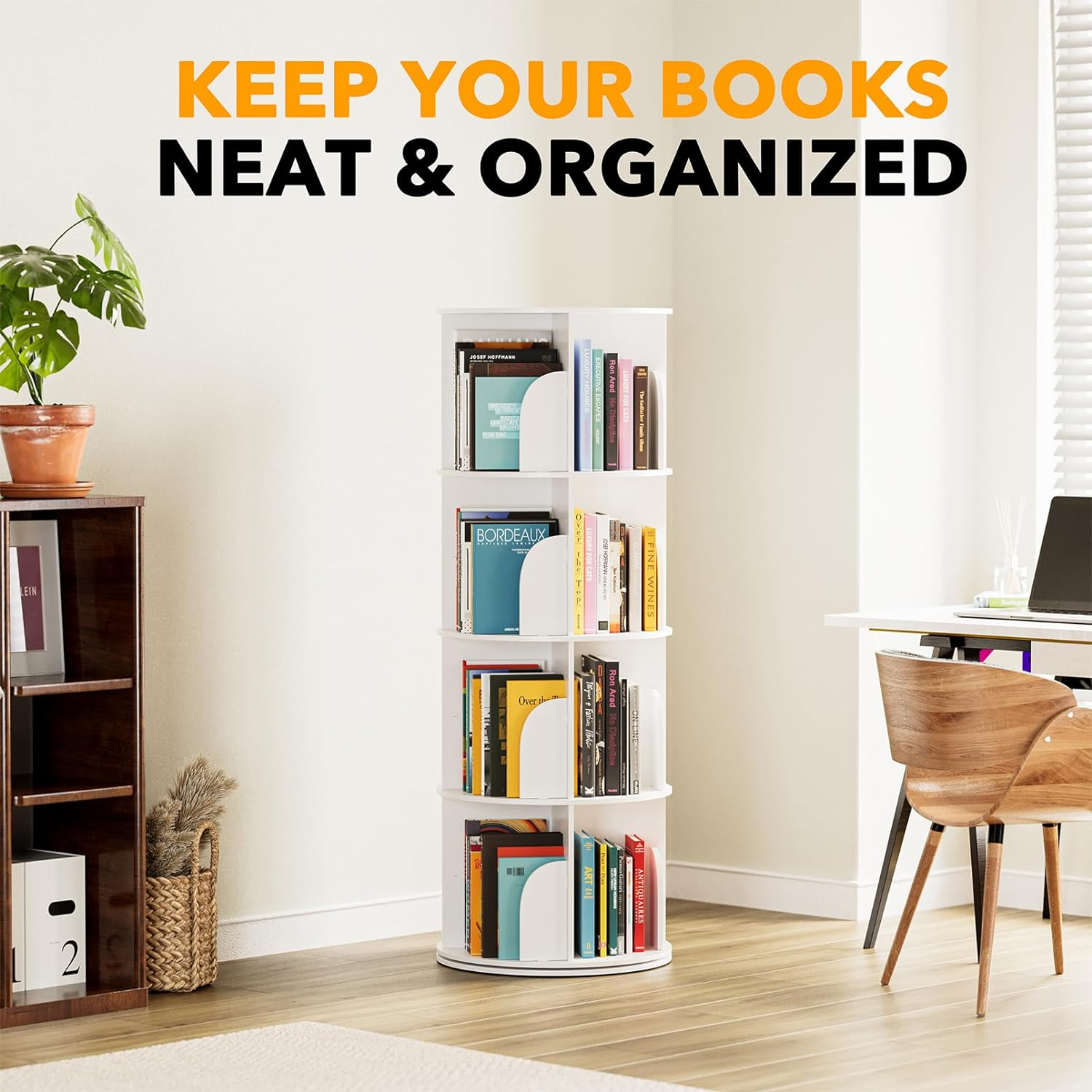 Spaceaid 4 Tier Rotating Bookshelf Tower, Spinning Bookcase Lazy Susan, Revolving 360 Book Shelf Storage round Carousel, Vertical Rotate Turning Spiral Corner Organizer, White image number 2