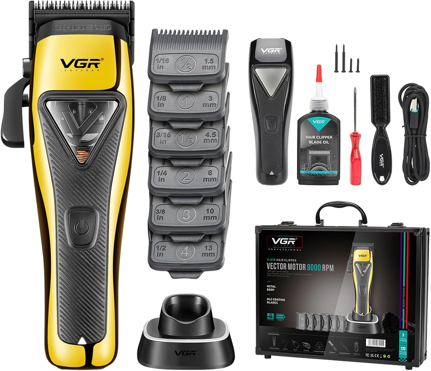 VGR 015 Professional Cordless Hair Clippers for Men, 9000 RPM Vector Motor Hair Trimmer Dlc-Blade Barber Clipper for Hair Cutting with Metal Body, 1 Modular Lid in Black, Travel Case image number 4