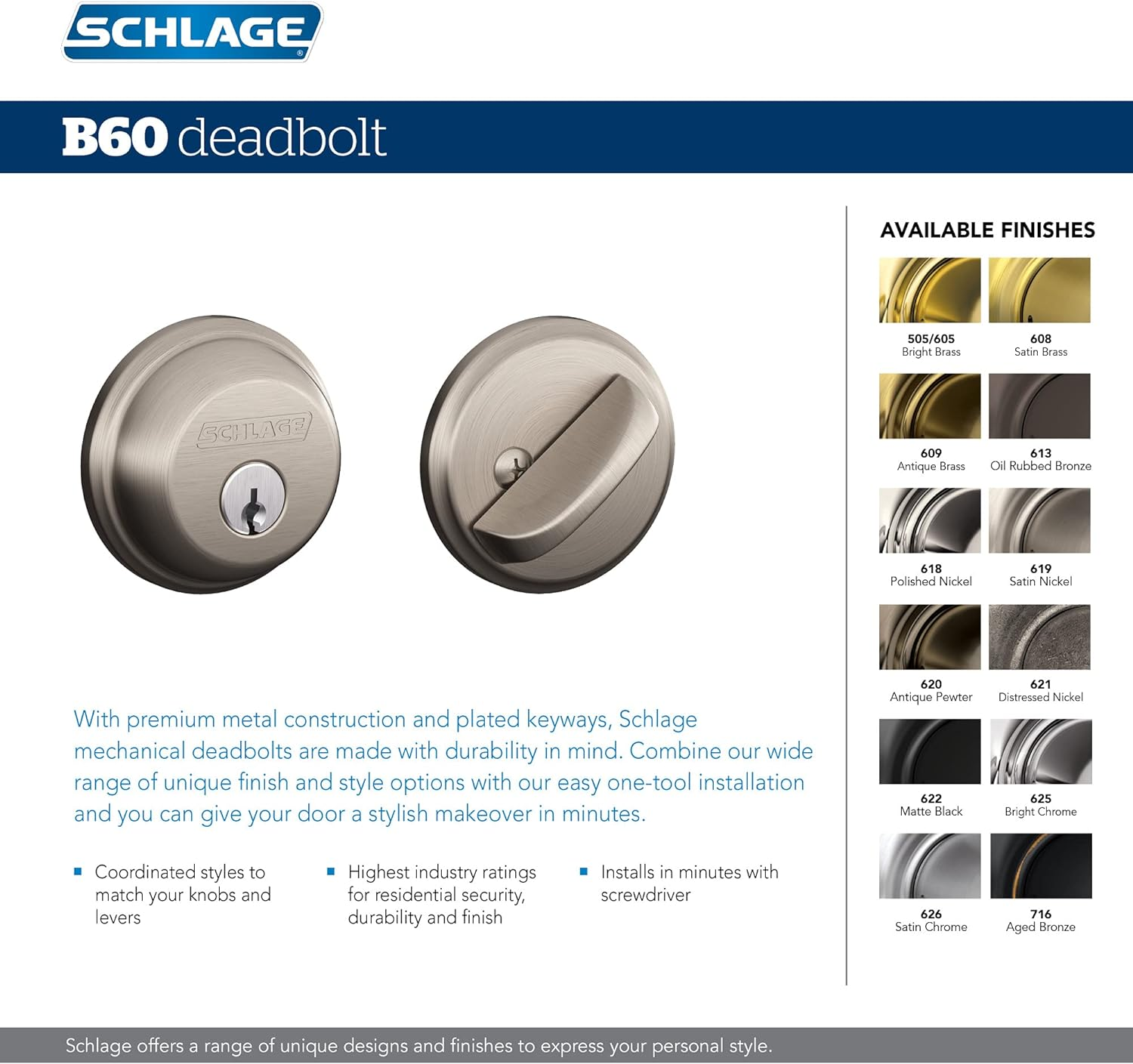 Schlage B60N Single Cylinder Deadbolt, Satin Nickel image number 6