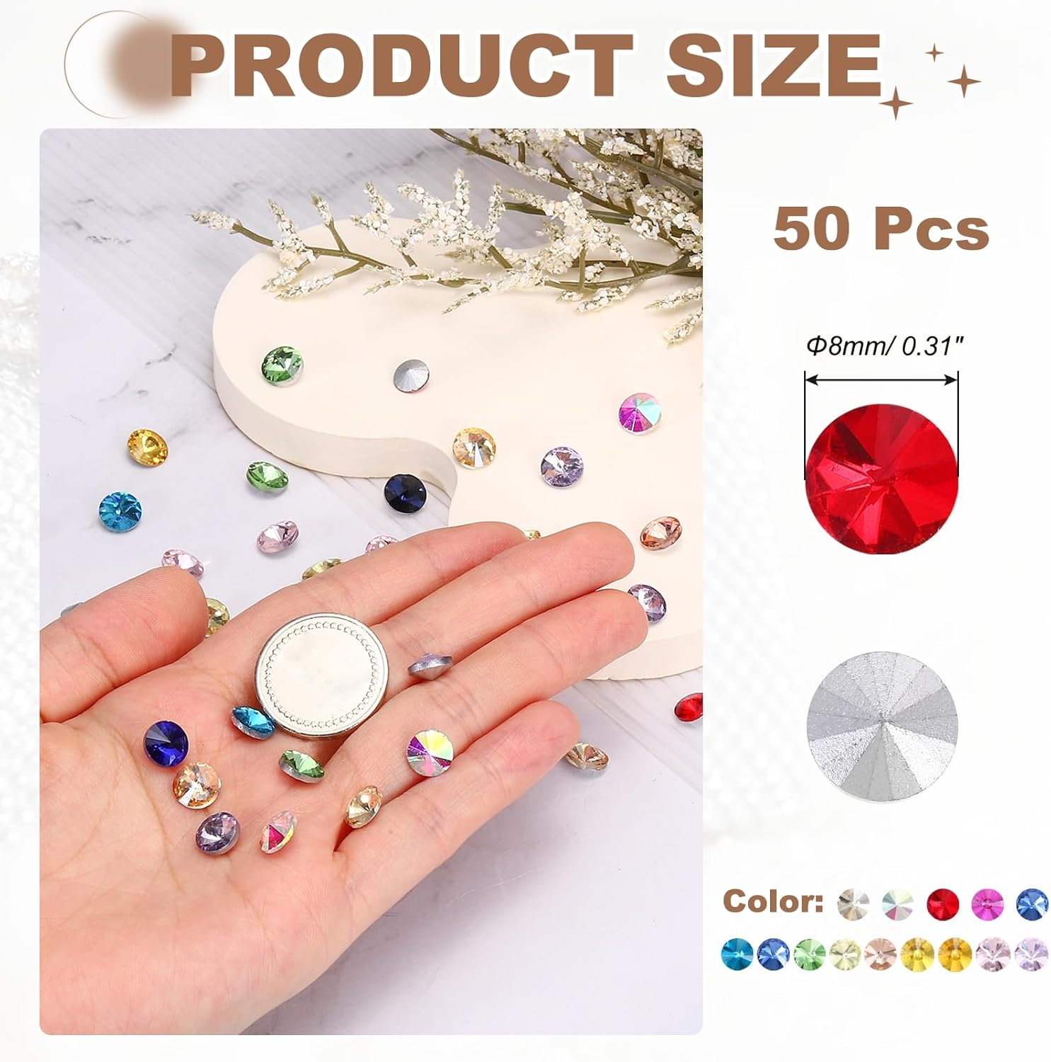 Uxcell Pointed Back Rhinestones, 50 Pcs 8Mm round Glass Rhinestone Faceted Crystal Cabochon Gems for Nail Arts Crafts, Jewelry Making, Phone Case, Cloth Decoration (Mixed Colors) image number 3