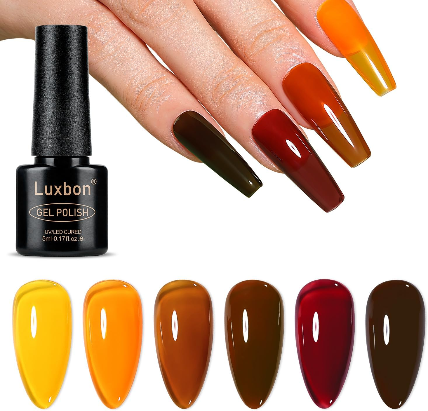 Luxbon 6 Pcs Jelly Gel Nail Polish Set - Fall Colour Set Long Lasting Autumn Gel Polish, Uv Led Soak off Nail Art Designs Manicure Kit 020