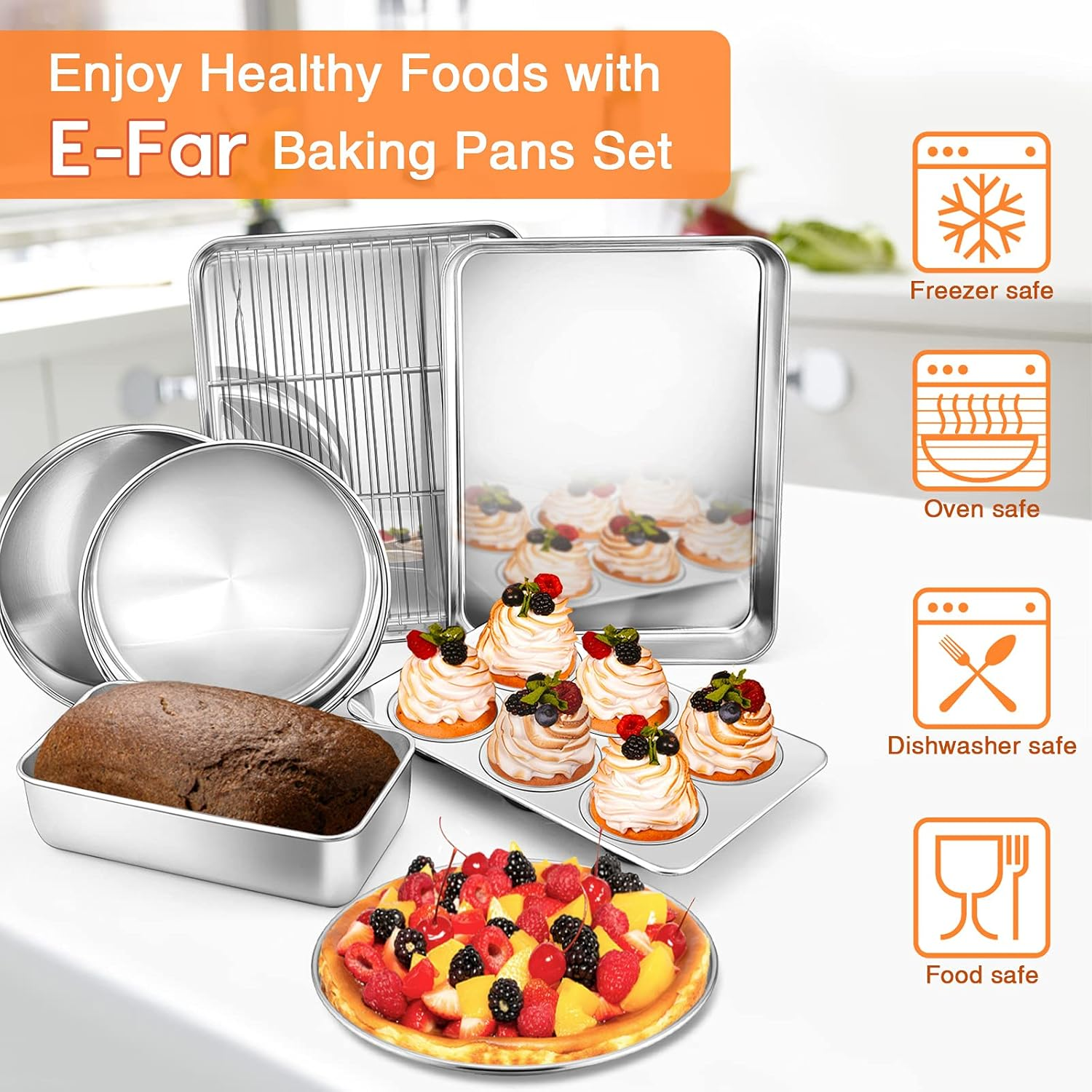 Toaster Oven Bakeware Set, E-Far 8-Piece Stainless Steel Small Baking Pan Set, Include 6-Inch Cake Pan/Rectangle Baking Pan/Cookie Sheet with Rack/Muffin/Loaf/Pizza Pan, Non-Toxic & Dishwasher Safe