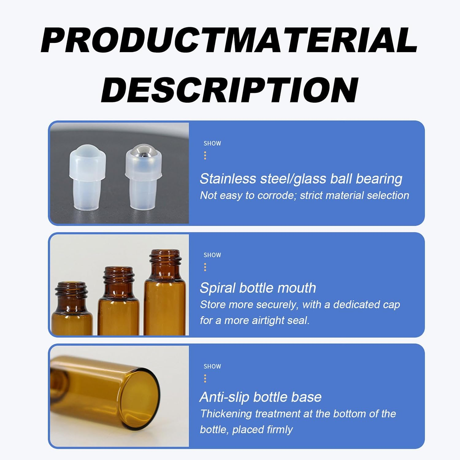 Essential Oil Bottle, 5 Pcs Perfume Oil Vial, 10 ML Massage Roller Amber Thick Glass Bottle with Massage Roller, Lids, Root Comb Applicator Vial, Perfume Travel Vial for Facial Body Care