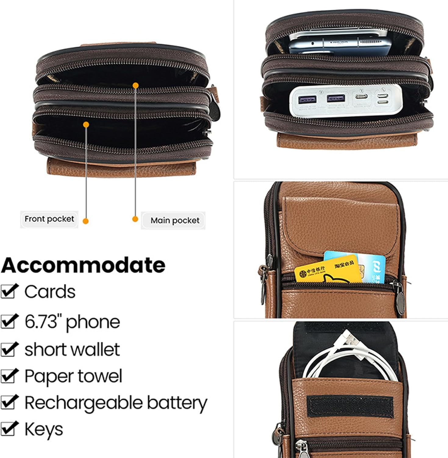 Mens Shoulder Bags,Travel Shoulders Bag Messenger Bag Vintage Genuine Leather Mans Change Purse with Zipper Pocket Waterproof Crossbody Handbag Satchel Sling Pack for Leisure,Festivals and Travel - Brown (6041) image number 5