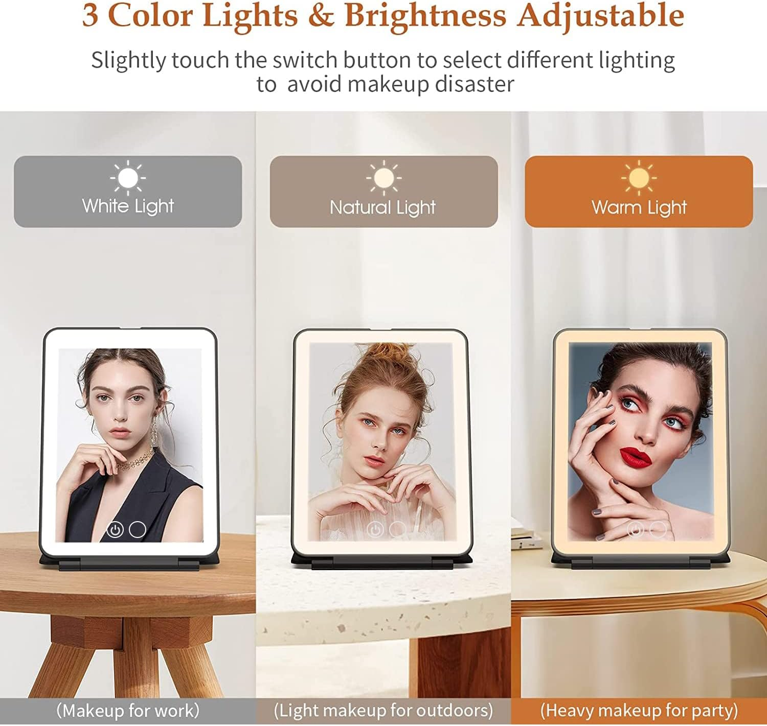 Rechargeable Makeup Vanity Mirror with 72 Led Lights, Lighted Travel Portable Light up Beauty Mirror, 3 Color Lighting, Dimmable Touch Screen, Tabletop Desk Foldable Cosmetic Mirror with Lights(Black)