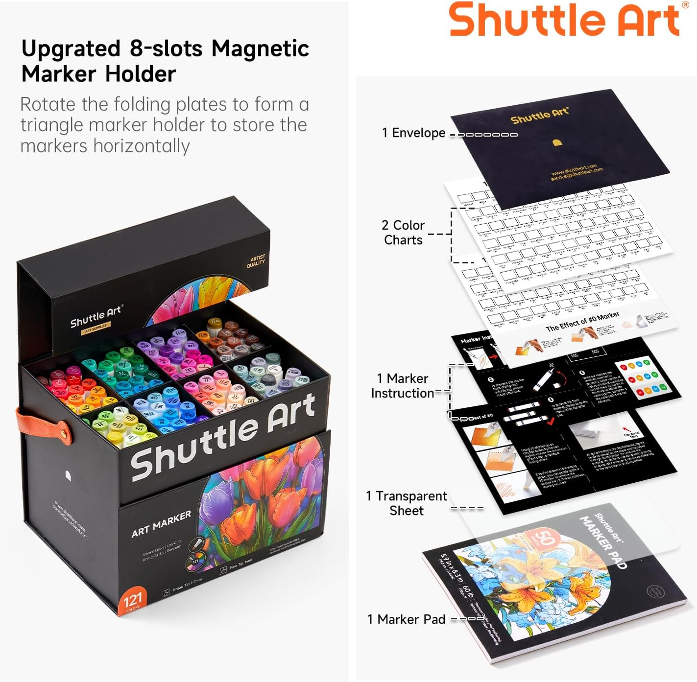 Shuttle Art Dual Tip Alcohol Based Art Markers,120 Colors plus 1 Blender Permanent Marker 1 Marker Pad with Case Perfect for Kids Adult Coloring Books Sketching Card Making image number 2