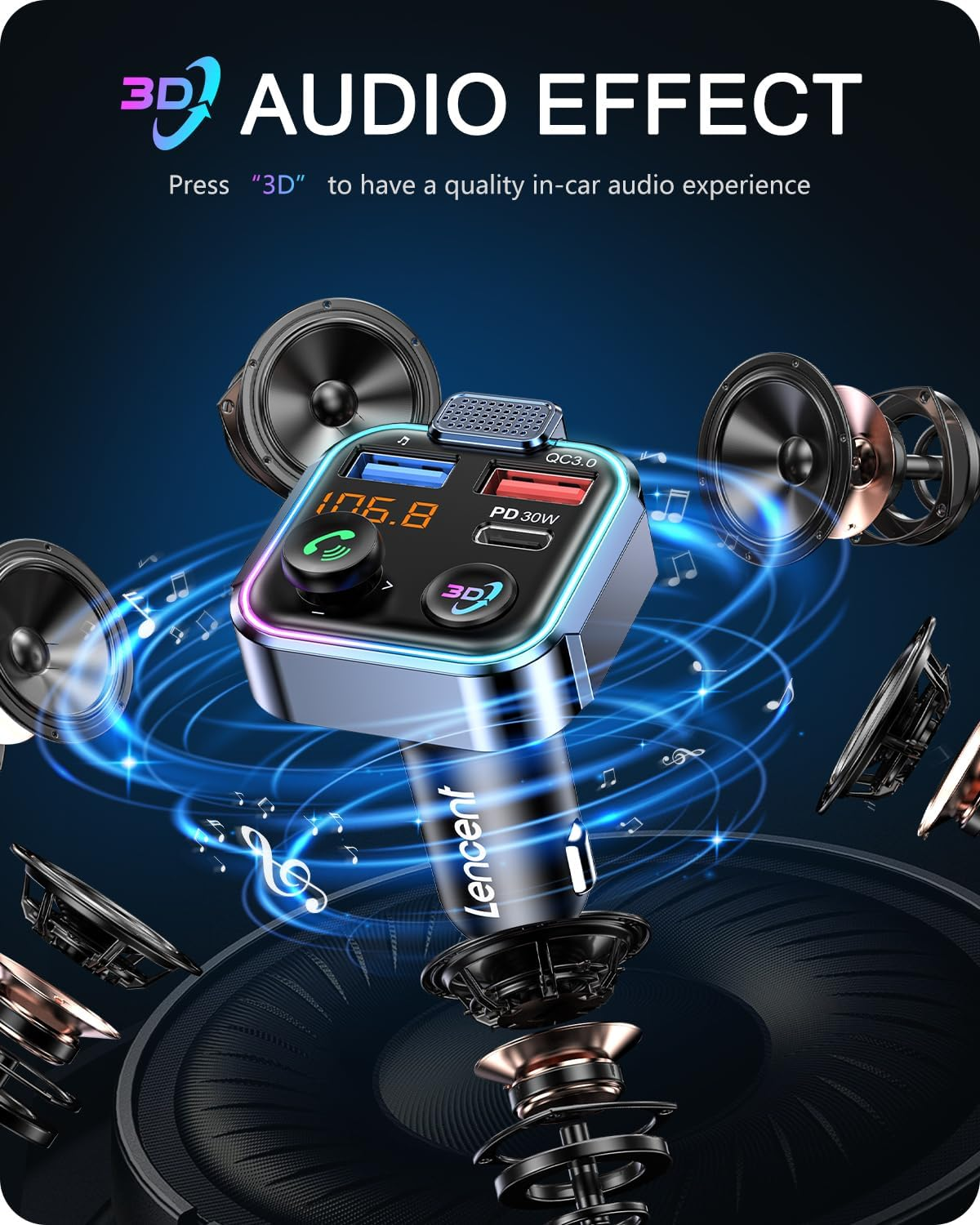 LENCENT Bluetooth 5.3 FM Transmitter, Wireless Radio Adapter Car Kit with Type-C PD 30W+ QC3.0 Fast USB Charger, Hands-Free Calling, Audio Stereo Mp3 Player Receiver, Supports U Disk, Color Light image number 3