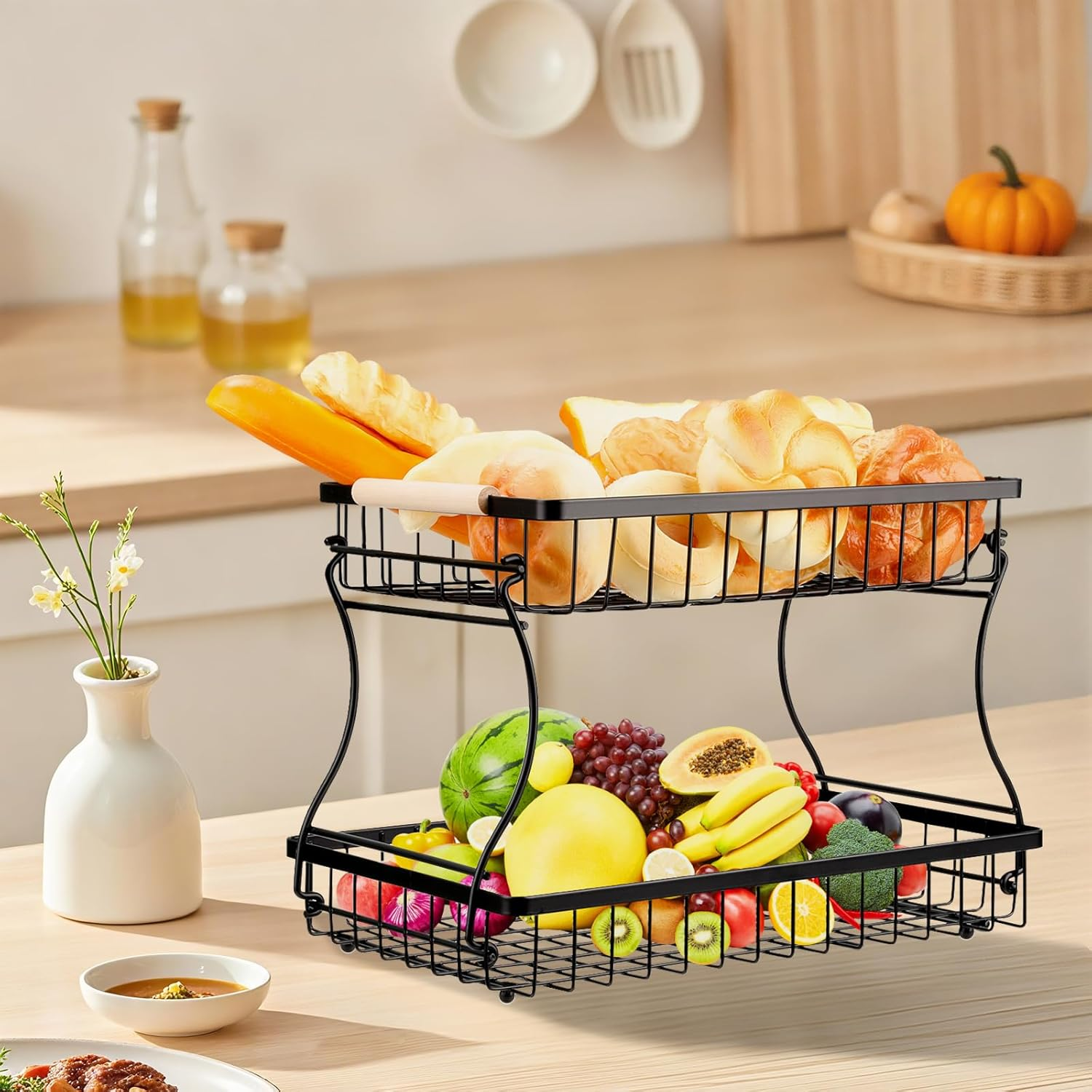 VINATO Fruit Basket, Fruit Stand 2 Tier with Wooden Handles for Kitchen, Bathroom & More - Fruit Stand, Vegetable & Kitchen Organisation, Snack Organiser, Black image number 5