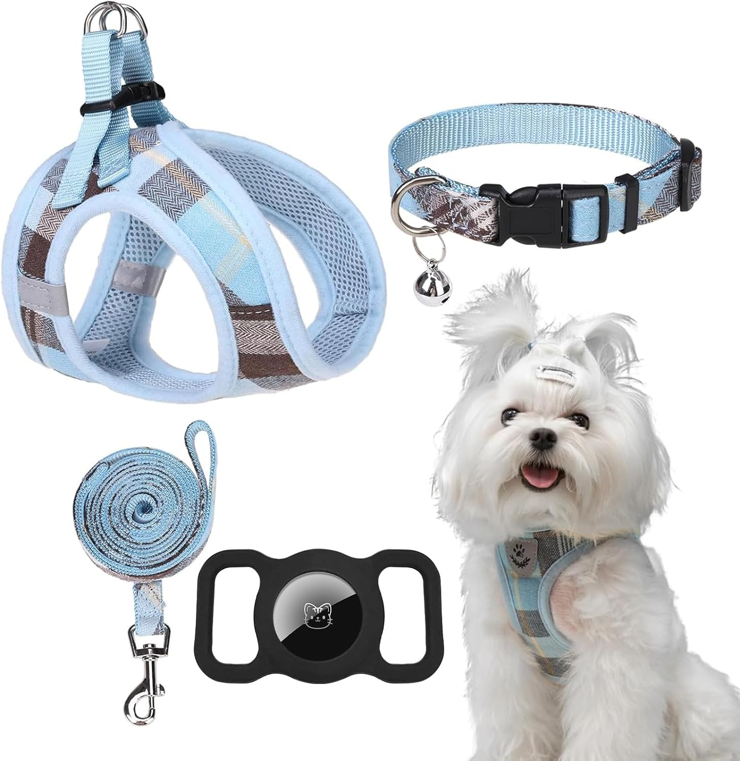 EXPAWLORER Classic Plaid Puppy Harness - Small Dog Collar and Leash - Soft Mesh Padded Adjustable Small Dog Vest Harness No Pull, Reflective Escape Proof for Outdoor Walking