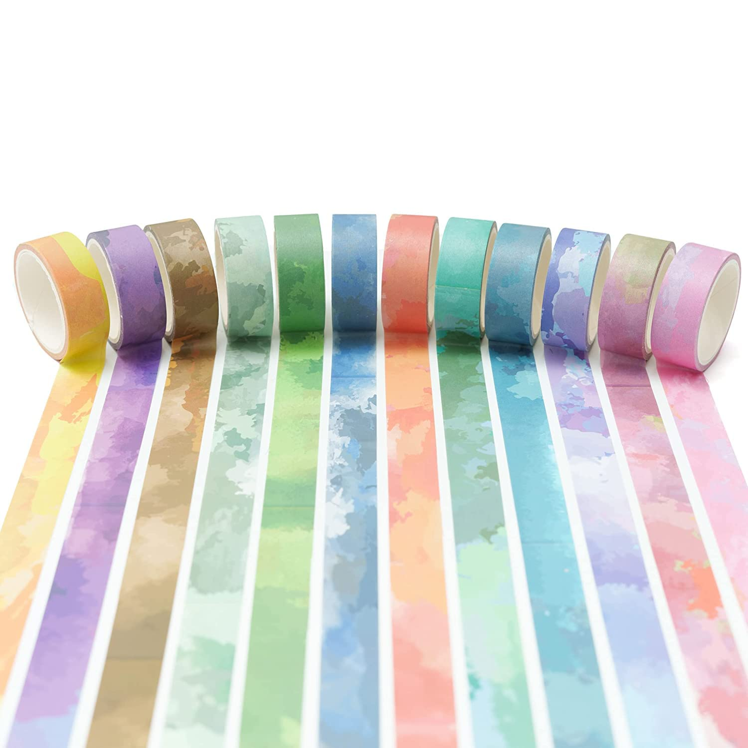 YUBX Watercolors Washi Tape Set 12 Rolls Pastel Colors Masking Macaron Graphic Decorative Tapes for Arts, DIY Crafts, Journals, Planners, Scrapbook, Wrapping image number 4