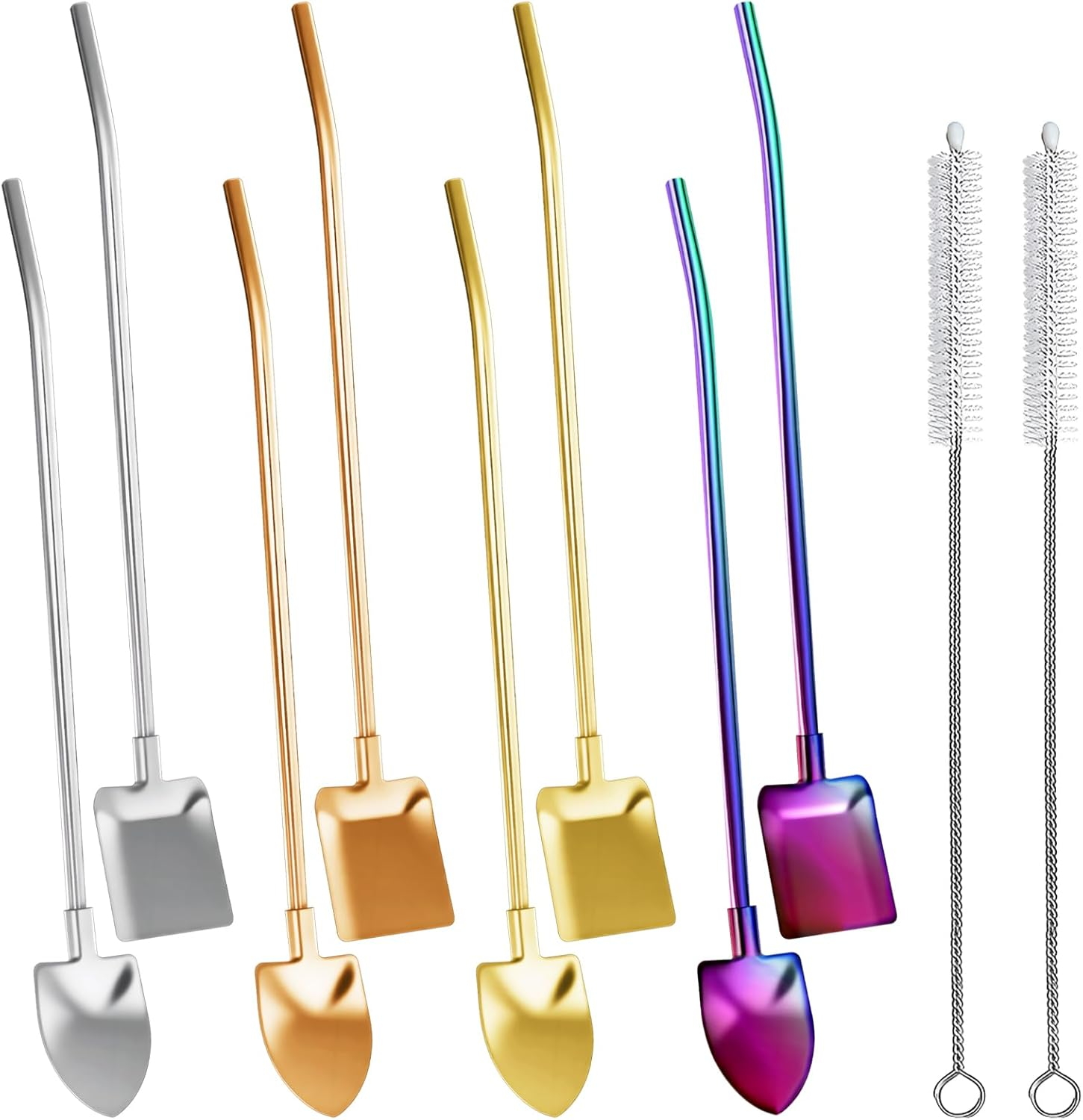 HAIKING Reusable Drinking Spoon Straws, 8 PCS Stainless Steel Spoon Straws with 2 Brushes for Coffee, Smoothie, Milkshake, Ice Cream (4 Colors) image number 6