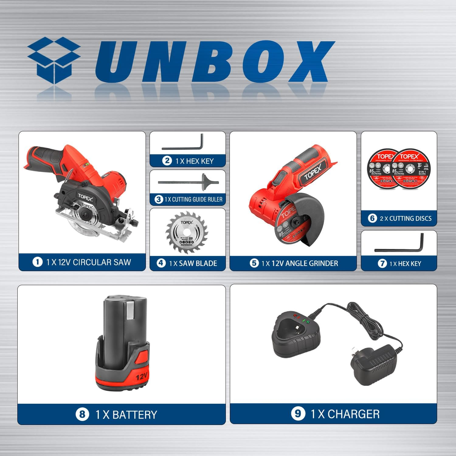 TOPEX 12V Cordless Power Tool Kit Angle Grinder Circular Saw image number 6