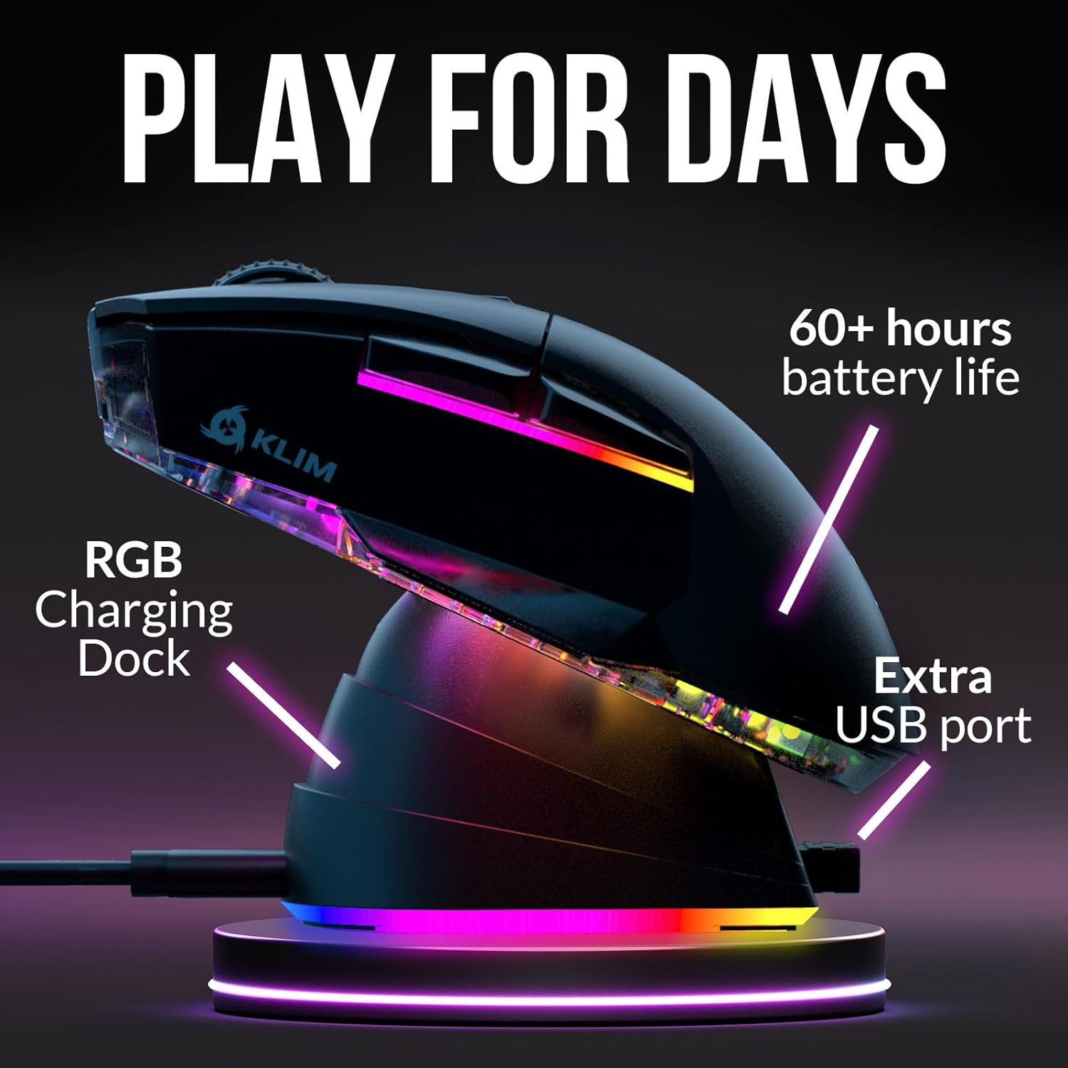 KLIM Blaze X RGB + New + Rechargeable Wireless Gaming Mouse with Charging Dock + Long-Lasting Battery + up to 12000 DPI + Wired & Wireless Mouse PC, PS5, PS4, Mac + Black - White image number 4