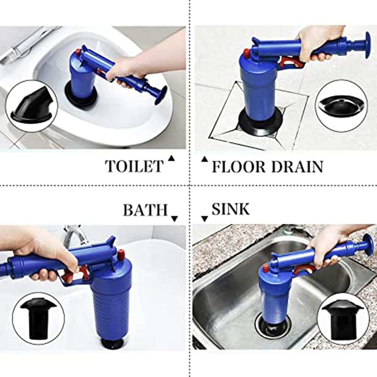 Toilet Plunger Set Drain Clog Remover Tool Tub Drain Cleaner Opener Air Drain Blaster Gun Bellows Plunger Pump for Sink Bath Toilets Bathroom Shower Kitchen Clogged Pipe Bathtub 4 Suckers image number 3