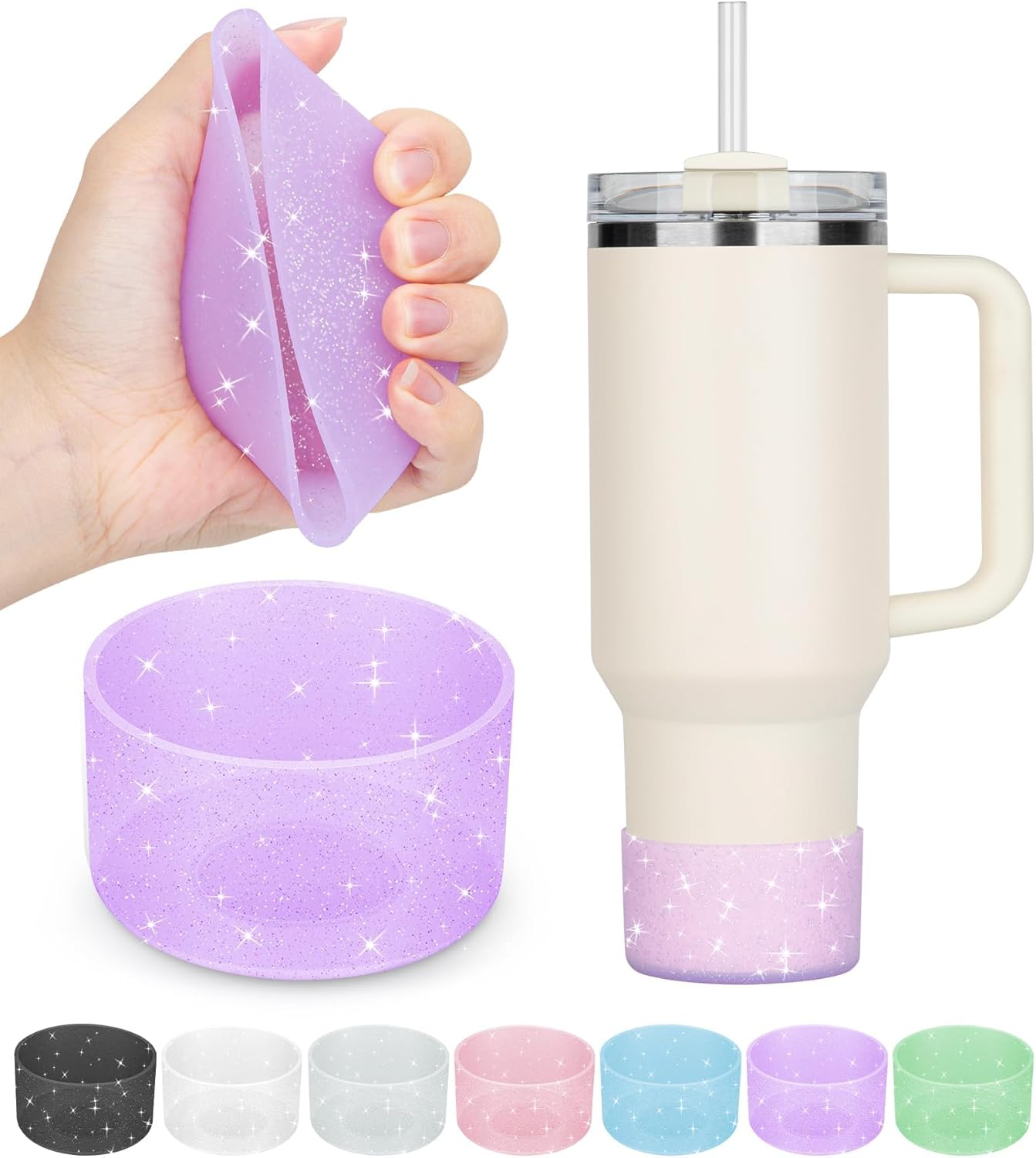 Protective Bling Silicone Boot Sleeve, Compatible with Stanley Tumbler 20-40Oz & Hydro Flask Bottle 12Oz-24Oz, Glitter Reduces Dents Sleeve Cover for Bottles of 2.83-2.95In