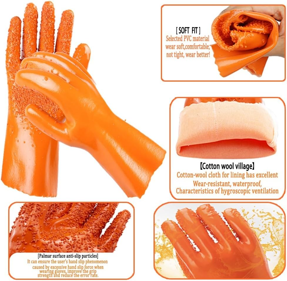 Rubber Gloves-2 Pairs Reusable Waterproof Household Cleaning Dishwashing Non-Slip Kitchen Gloves for Wash Dishes, Cotton Lined (Blue and Orange)