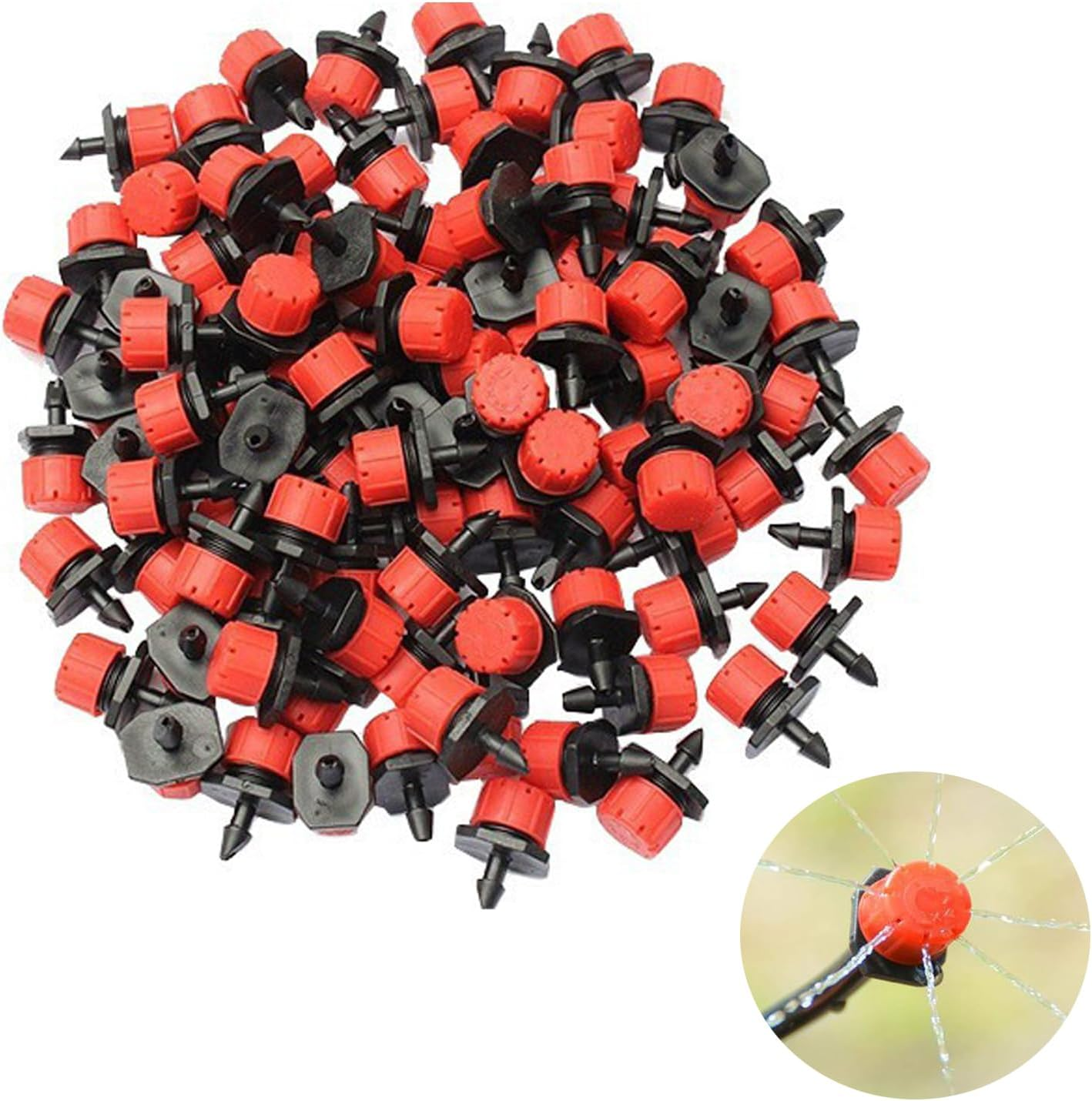 100 Pcs Drip Irrigation Emitters, 360 Degree Adjustable Irrigation Drippers Sprinklers, 1/4 Inch Emitters Drip Fittings, Drip Line Emitter for Gardens, Flower Beds, Lawns Watering System image number 5