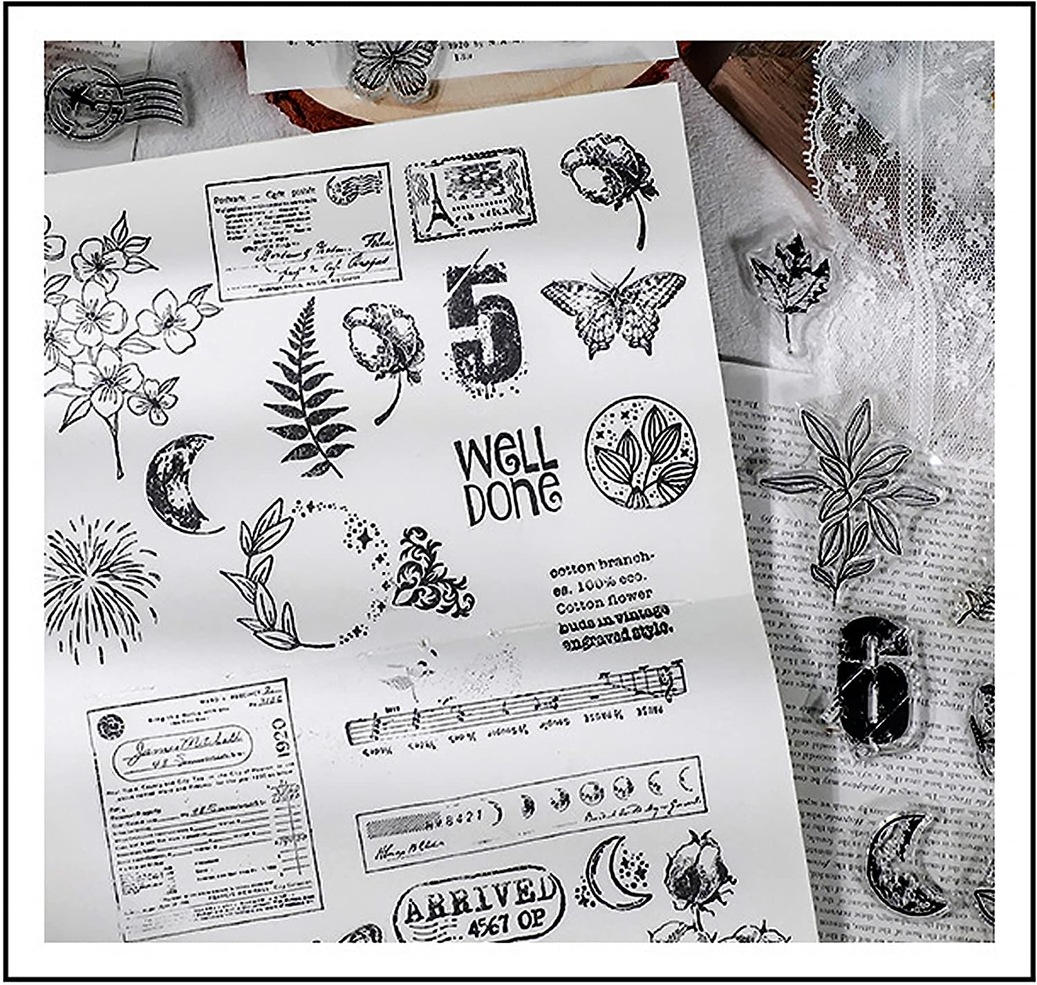 Muulaii 6 Sheets Clear Stamp Silicone Stamp Cards with Greeting Words, Flowers, Leaves, Butterflies, and Moons Pattern for Thanksgiving Christmas Holiday Card Making and DIY Scrapbooking Journaling image number 4