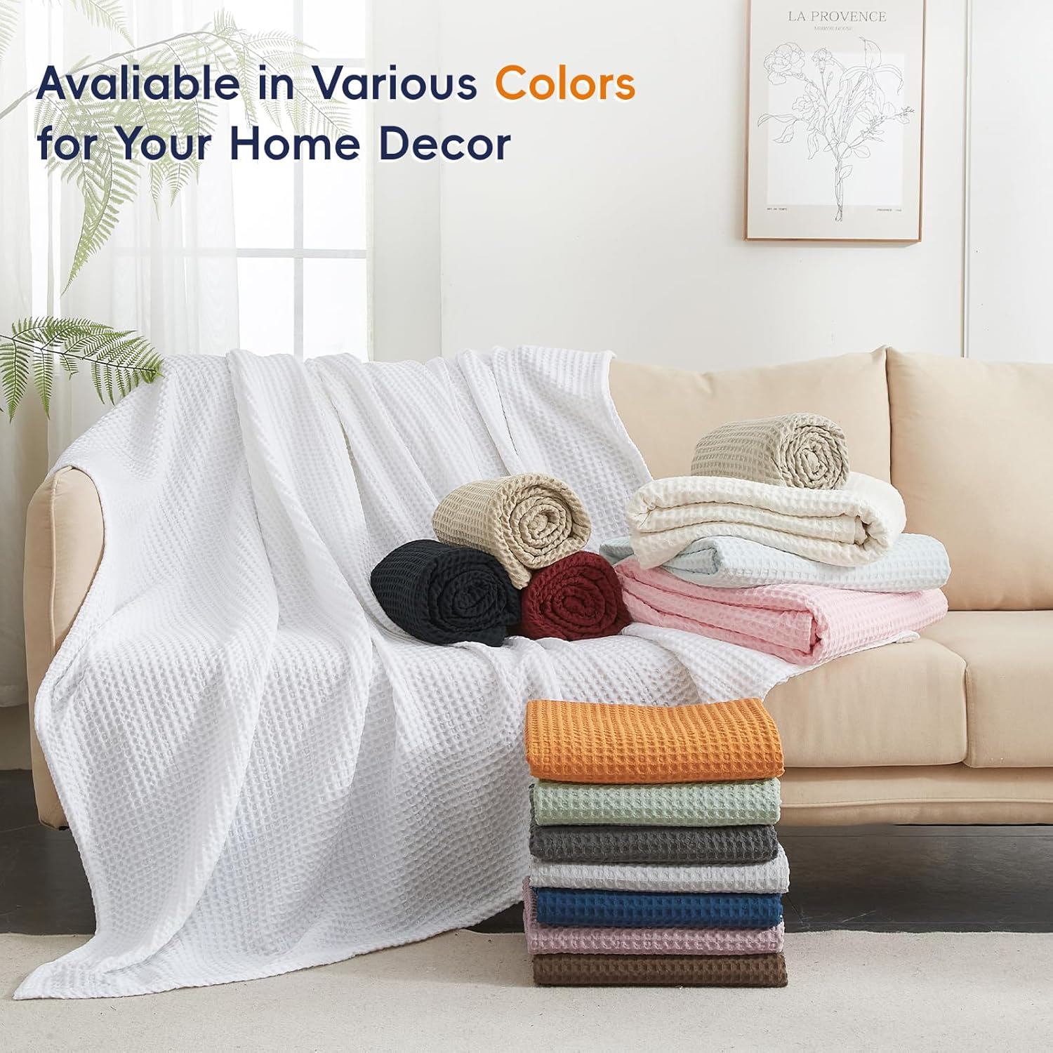 PHF Ultra Soft Waffle Weave Throw Blanket 50"X 60"- Washed Lightweight Breathable Cozy Woven Blanket for Bed - Aesthetic Decor for Couch Bedding Sofa Home Car - Light Khaki/Linen image number 2