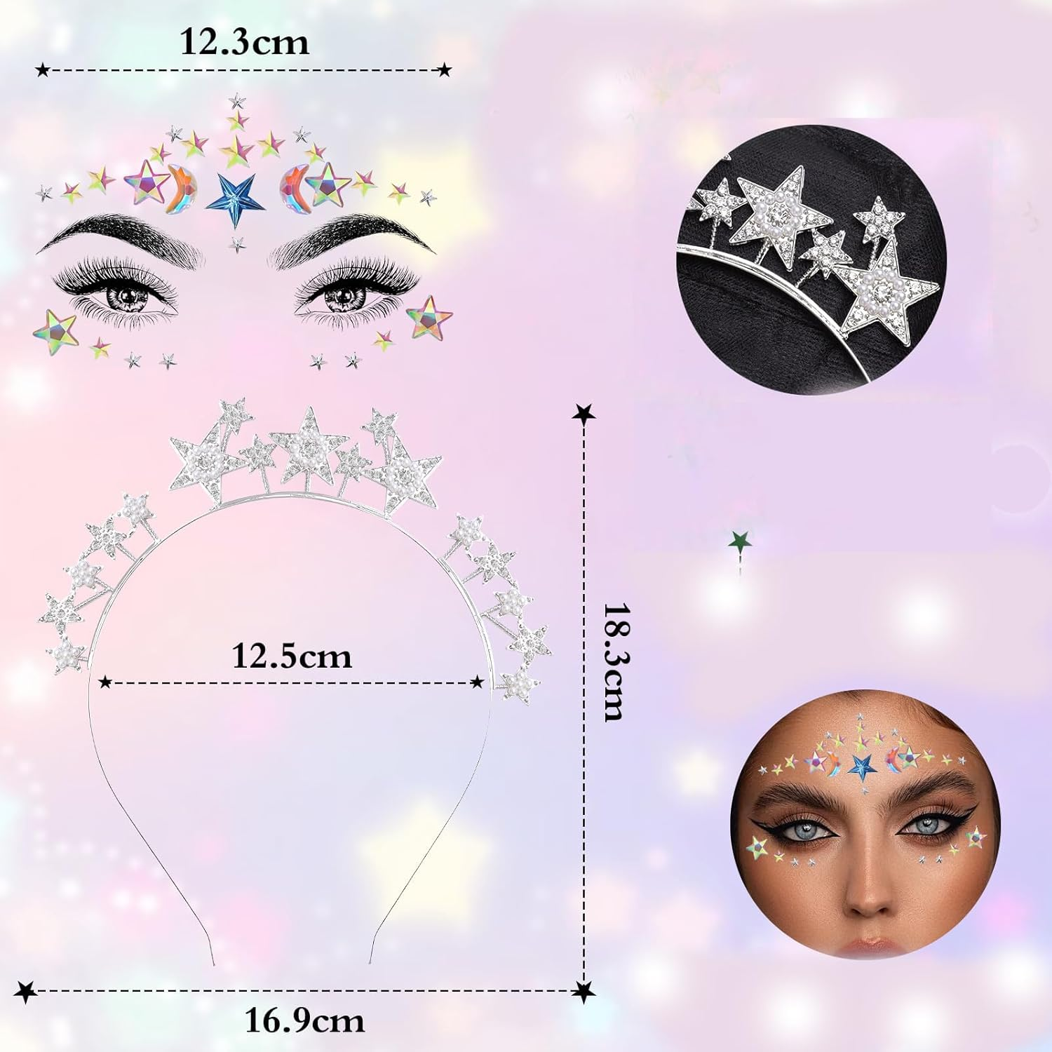 Yeenao Stars Headband Silver Stars Headband Rhinestone Hair Band Face Tattoo Carnival Halloween Birthday Party Costume Headband Glitter Hair Accessories for Women Girls image number 2
