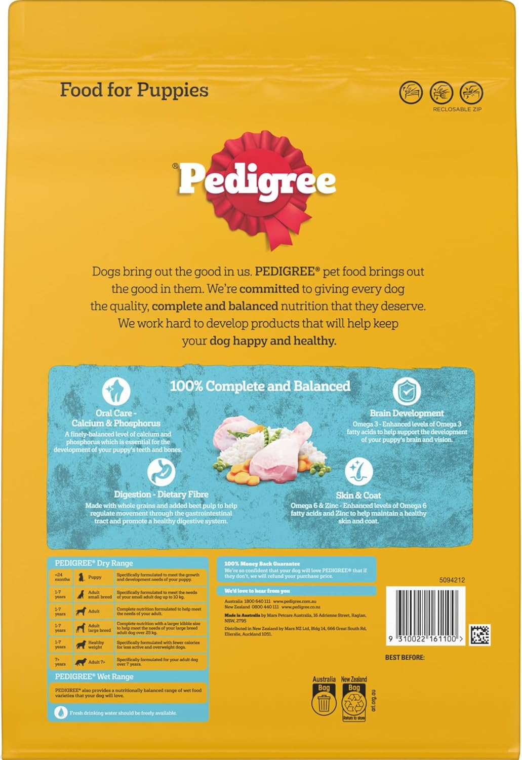 PEDIGREE Puppy Dry Dog Food Chicken with Rice 2.5Kg, 4 Pack