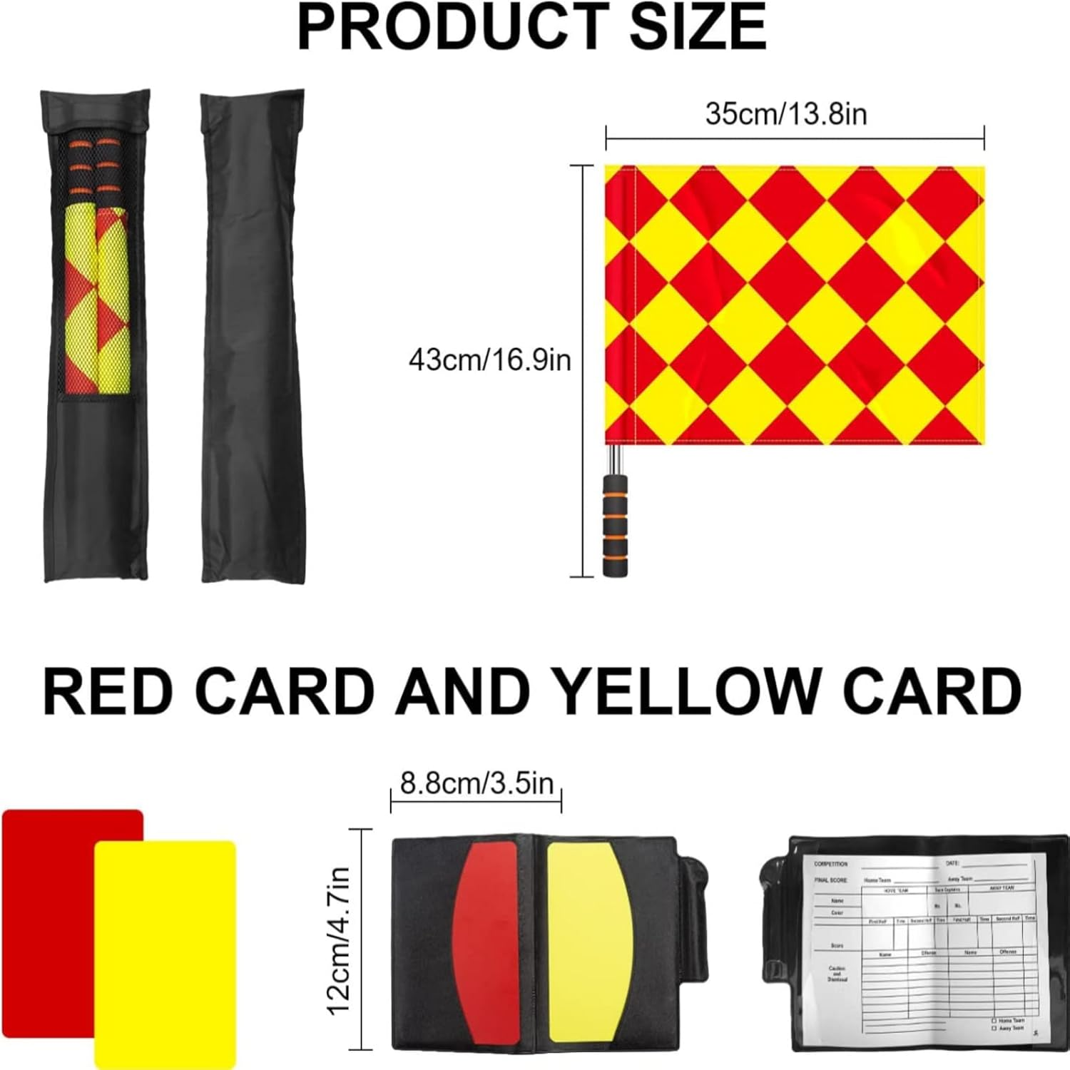 Soccer Referee Flag Set,Match Football Linesman Flags,Red Yellow Cards, Notebook and Pencil, Coach Stainless Steel Whistles image number 1