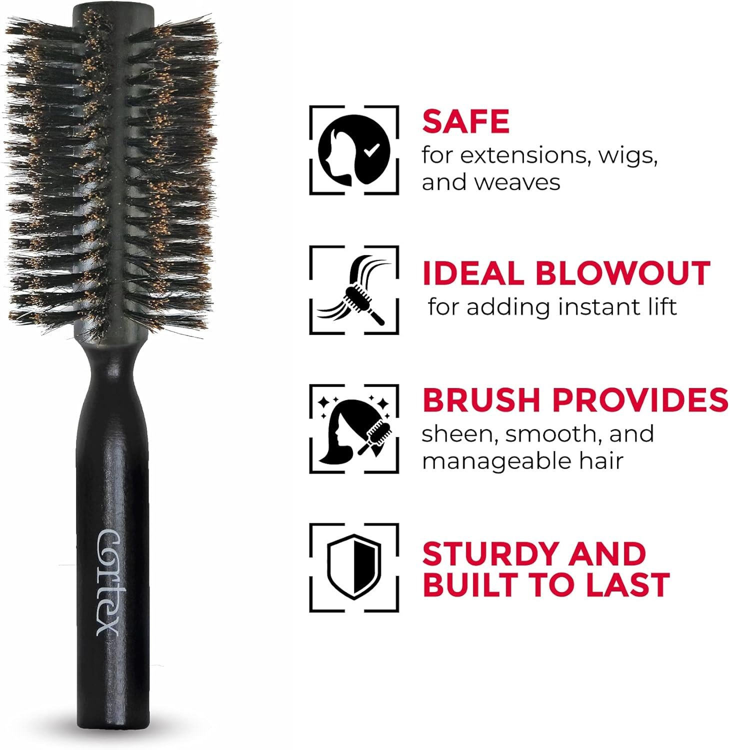 Cortex Professional 100% Boar Bristle round Hair Brush, for Women and Men, for All Hair Types, Natural and Soft Hair Brush - Black Wood 2.4" image number 3