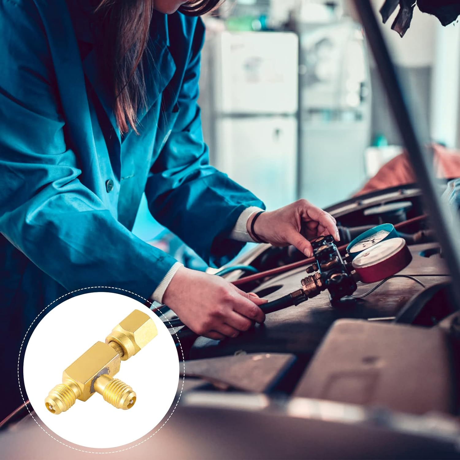 Quick Coupler Access Tee, 1/4'' Valves Core Quick Coupler Tee Adapter with Swivel Connector for Gauge Deep Vacuum Pump Manifold 2PC image number 4