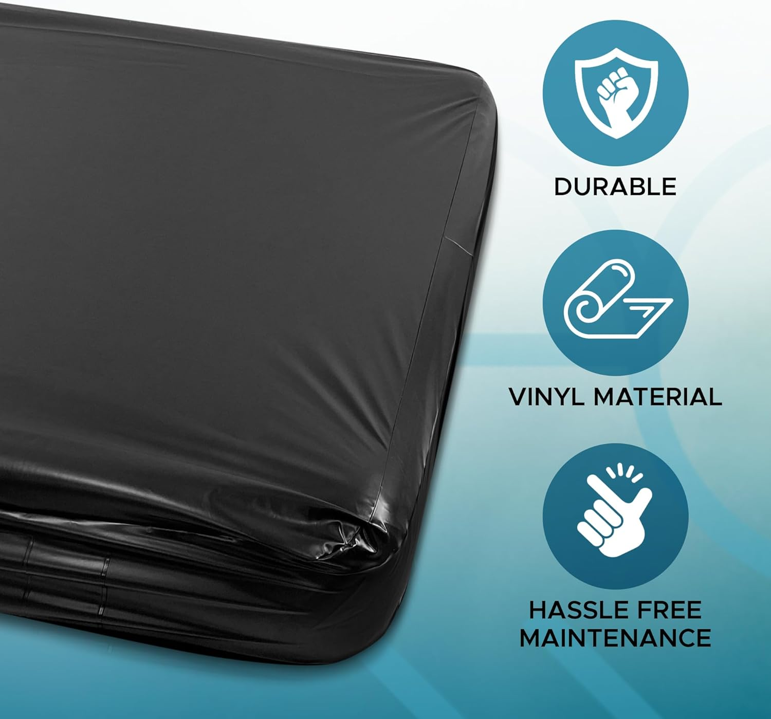 Black Vinyl Queen Waterproof Fitted Massage Bed Sheet with Side Pocket | Mattress Protector, Bed Cover for Nuru Massage - Oil, Water-Based, Silicone Safe | 152Cm X 203Cm + 35Cm Deep Pocket