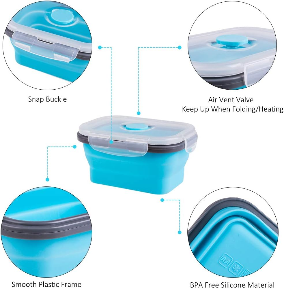Collapsible Food Storage Containers with Airtight Lid and Vent Valve, Stacking Silicone Collapsible Storage Containers for Food, Microwave & Freezer & Dishwasher Safe, Blue, Small, Set of 4 image number 4