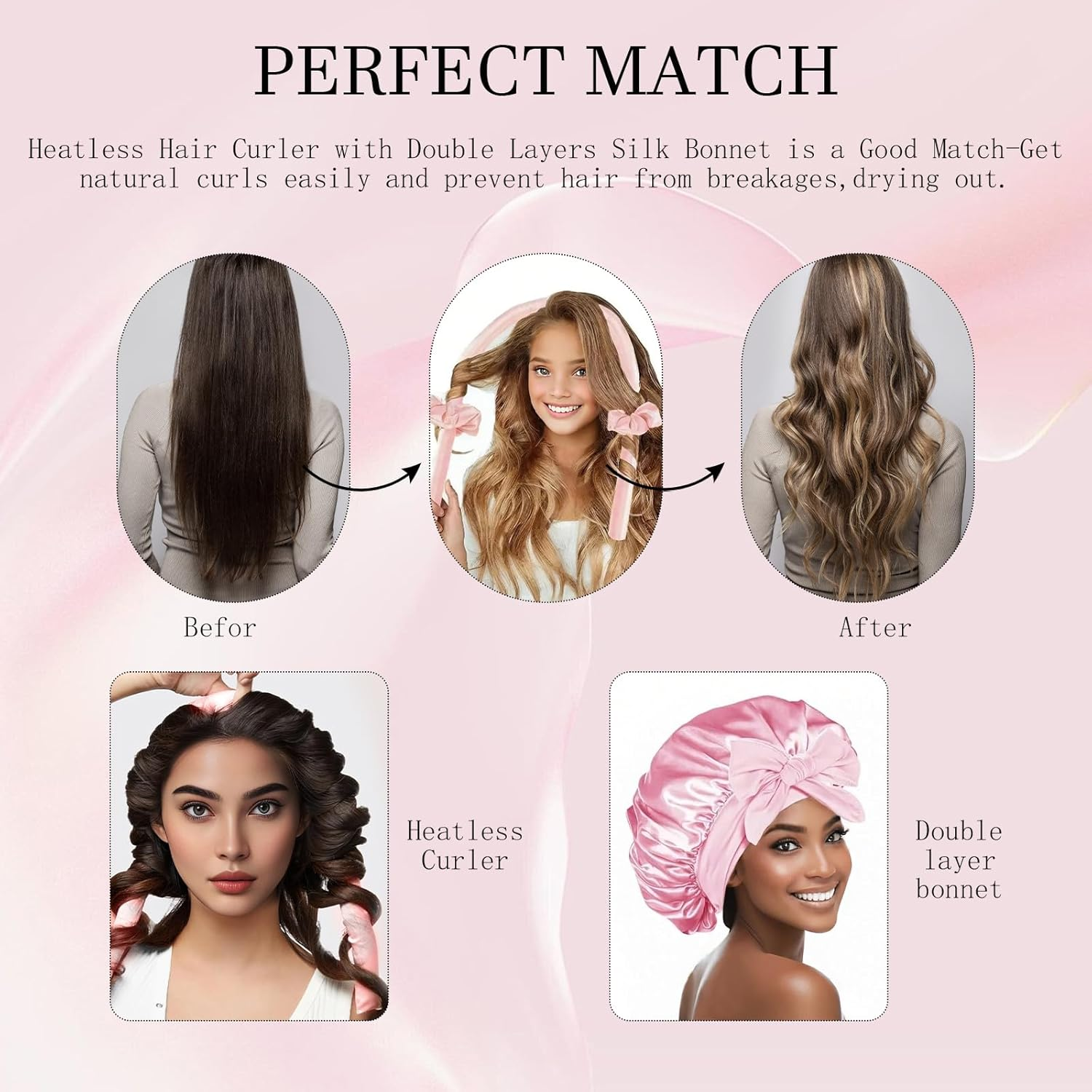 Hroevc No Heat Overnight Curls with Double Layer Satin Bonnet - Soft Hair Curlers to Sleep In, Heatless Curling Rods Set + Silk Bonnet for Women & Girls Long Hair, Heatless Waves & Volume (Pink) image number 4