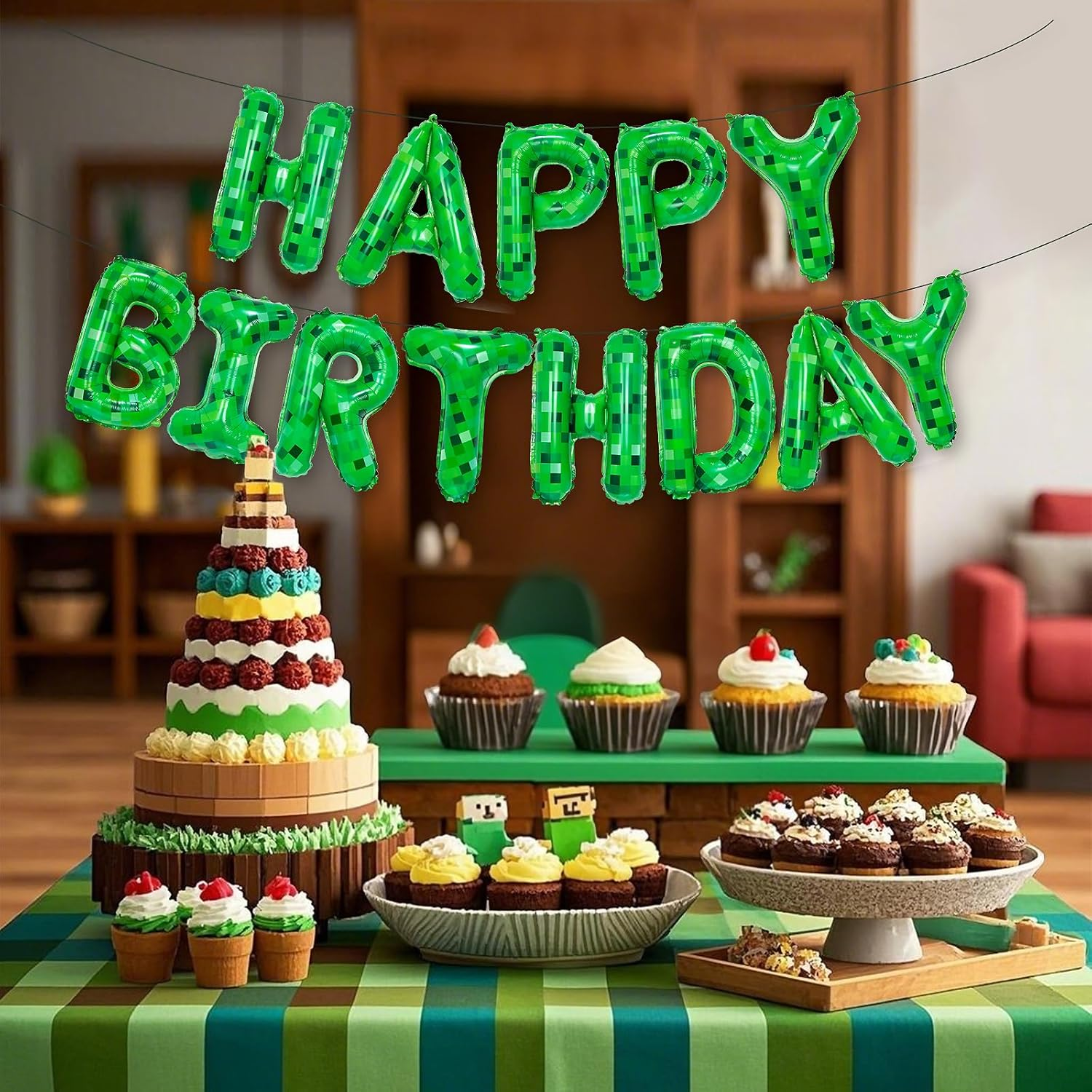 FANGBBO TNT Pixel Happy Birthday Banner Party Decorations Foil Balloons Letters Signs Blast Gaming Party Miner Supplies for Boy Girl image number 2