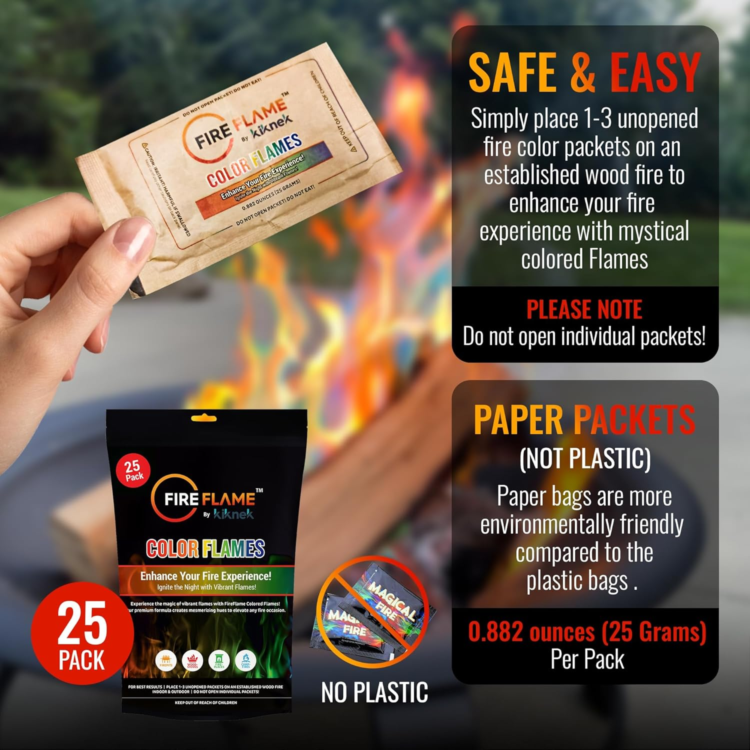 Fireflame Fire Color Changing Packets - Magic Color Fire Flames - 25 Pack of Fire Color Packets - for Outdoor Fire Pit, Fireplace, Bonfire, Campfire, Camping Accessories Colored Fire for Kids & Adults image number 1