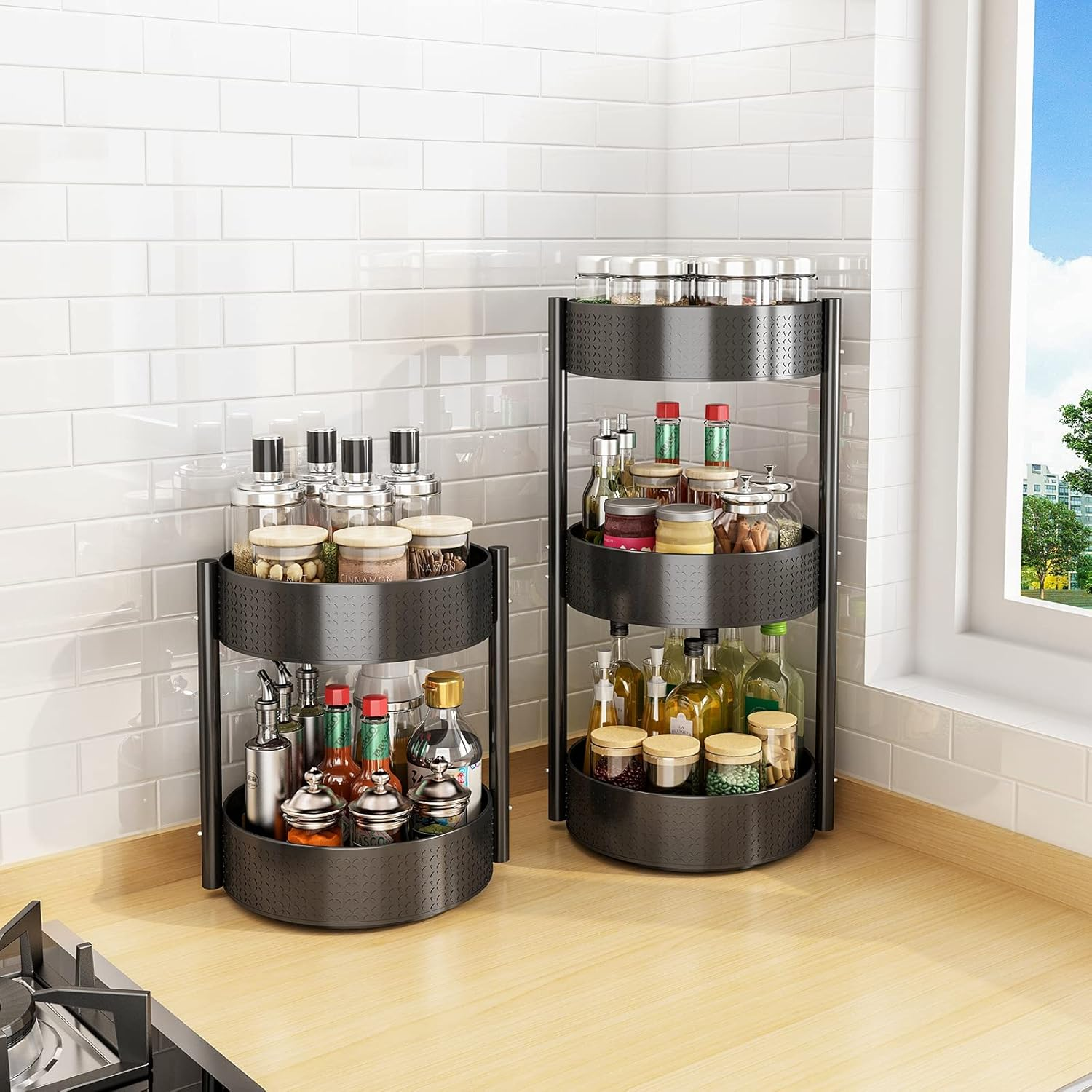 Yunnasi Rotating Spice Rack Detachable Spinning Spice Rack Carbon Steel Turntable Condiment Holder Revolving Kitchen Counter Shelf for Spice Jars and Spice Bottles (2 Tiers) image number 4