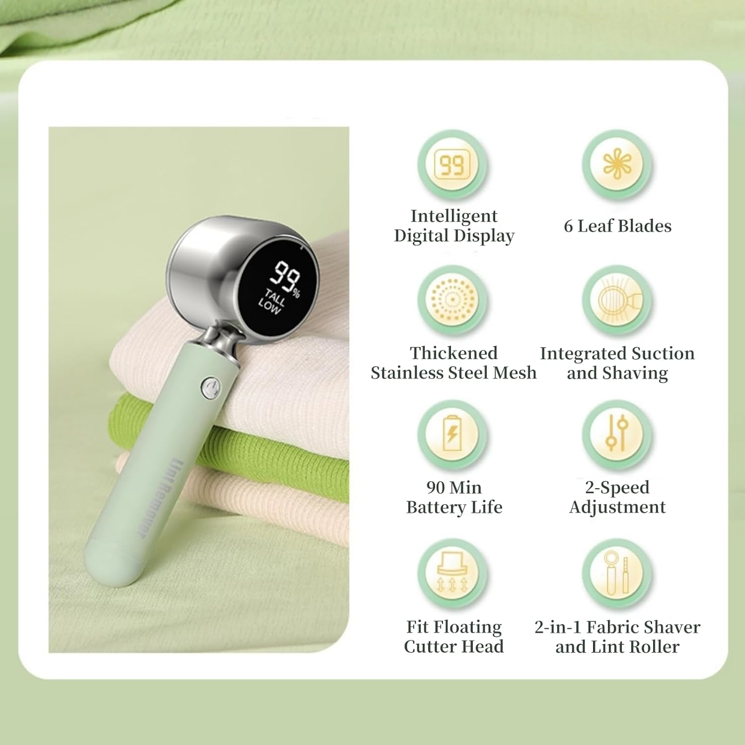 JOYI YAN Fabric Shaver, Portable Rechargeable Electric Lint Remover with 2 Adjustable Speed, LED Display Bobble Remover for Clothes, Lint Shaver for Various Fabrics (Green) image number 6