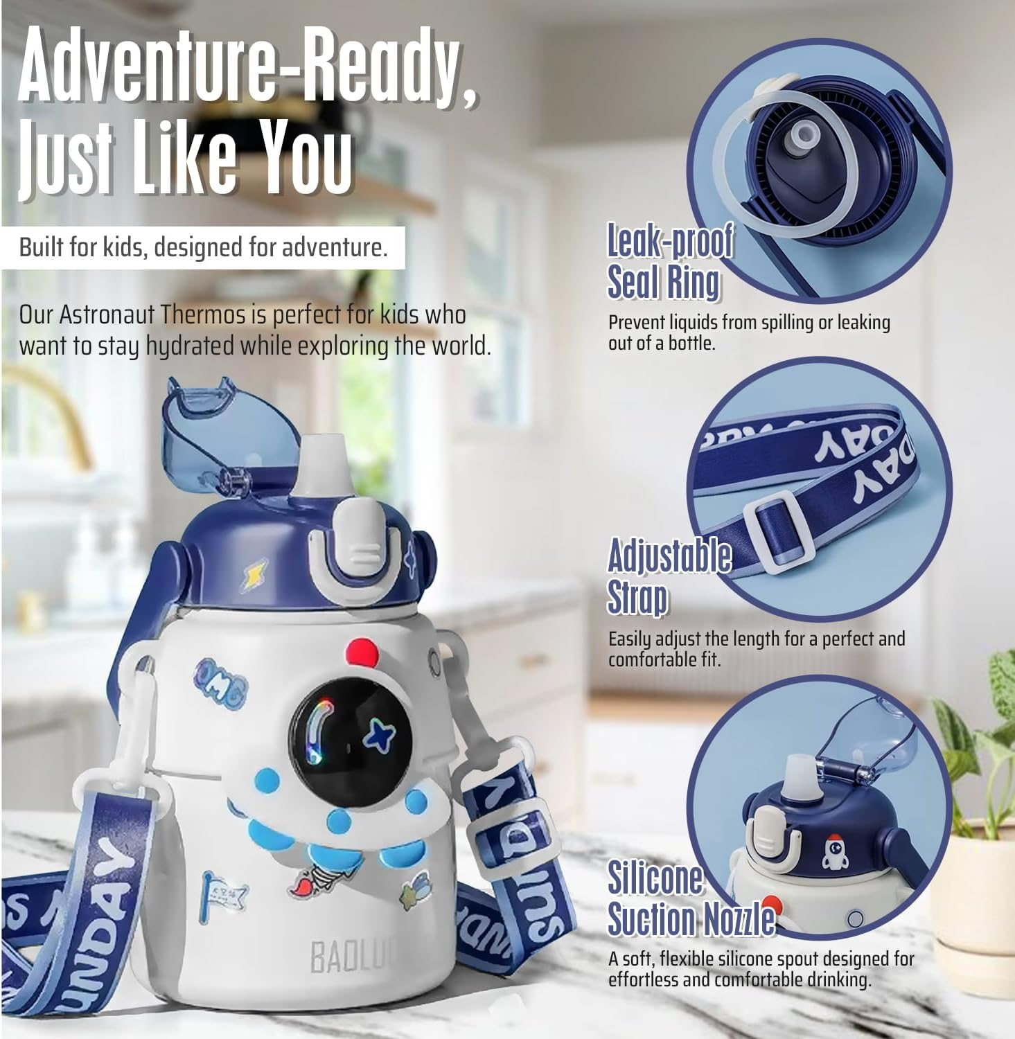 Outer Space Kids Water Bottle &ndash; 850Ml Leakproof Stainless Steel Thermos with Straw Lid, Strap & Stickers &ndash; Insulated Double Wall Bottle Keeps Drinks Cold 24H / Hot 12H for School & Travel - Blue image number 1