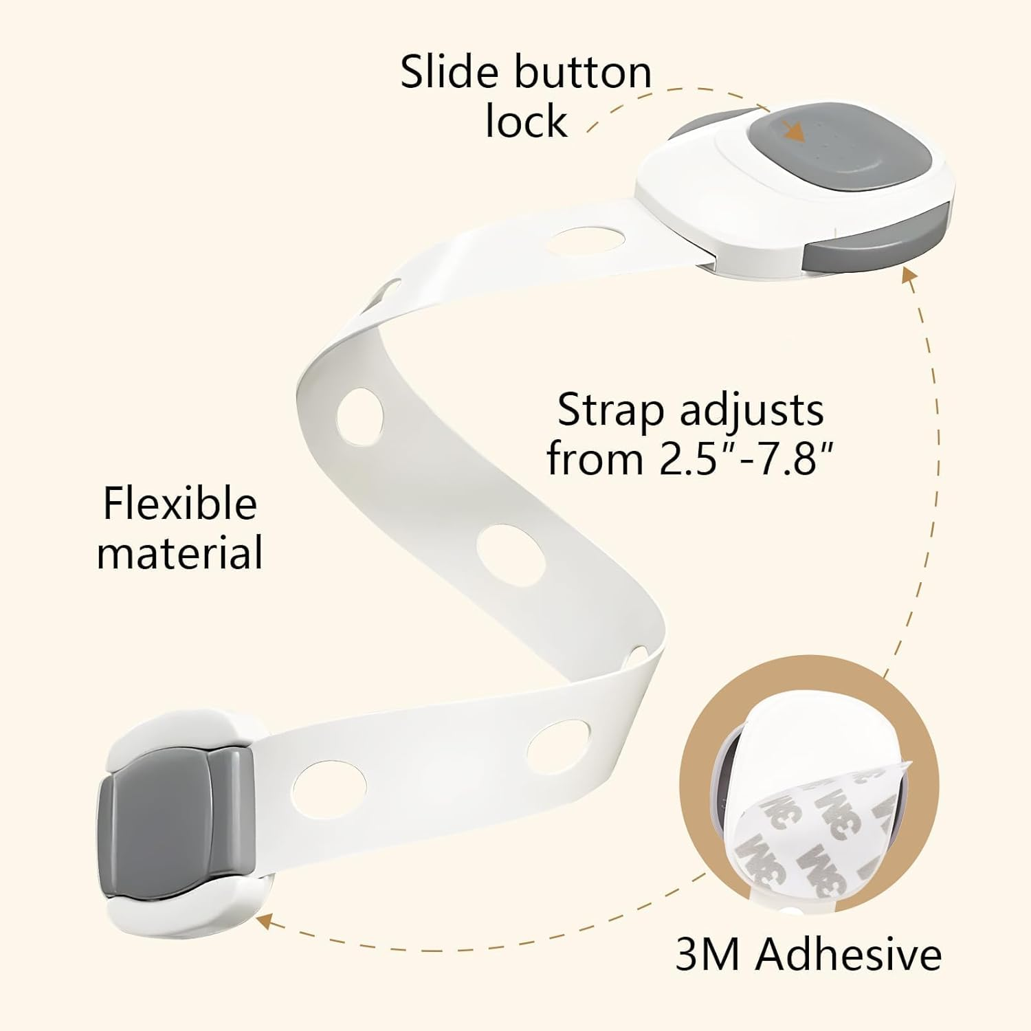 Baby Proof Toilet Lock (2-Pack) - Child Safety Cabinet Locks for Toilet Seat, Drawers, Fridge, Doors | Easy Install with Strong 3M Adhesive | Non-Toxic & Adjustable Strap for Toddler & Pet Safety image number 3
