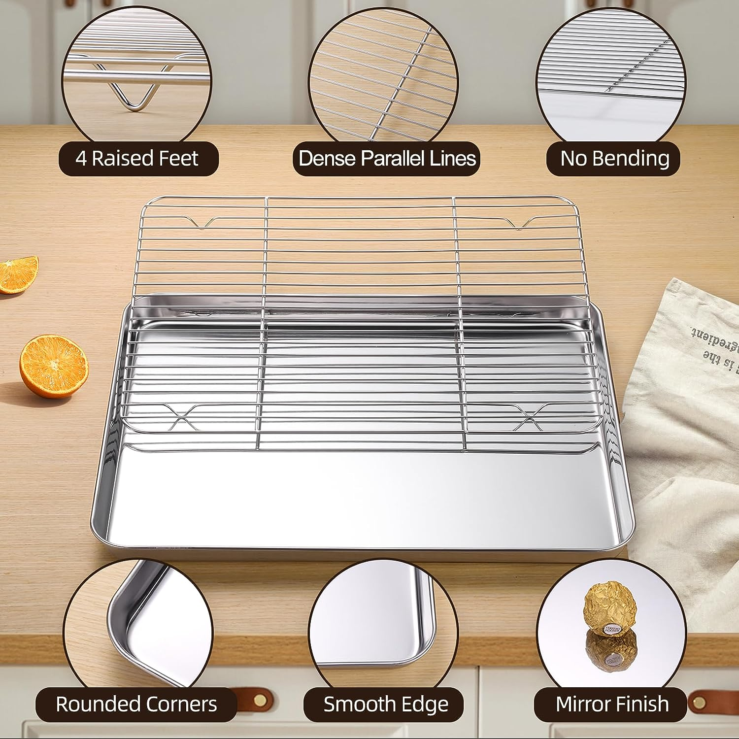 Baking Sheet with Cooling Rack Set of 6, 3 Premium Stainless Steel Cookie Sheets and 3 Wire Racks, Kitchen Nonstick Baking Pans Set Includes 3 Different Sizes, Heavy Duty Non Toxic image number 2