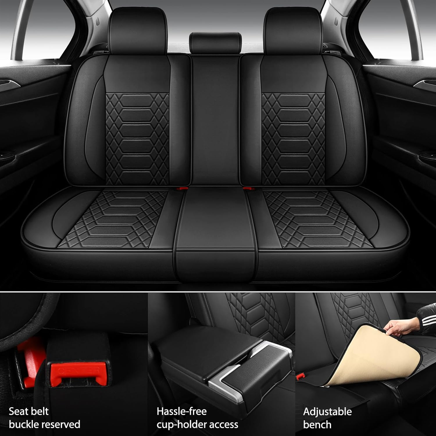 FREESOO Car Seat Covers Leather, Seat Cover Full Set Waterproof Automotive Cushion Protector Accessories Airbag Compatible Universal Fit for 5 Seats Vehicle (Black 8) image number 3