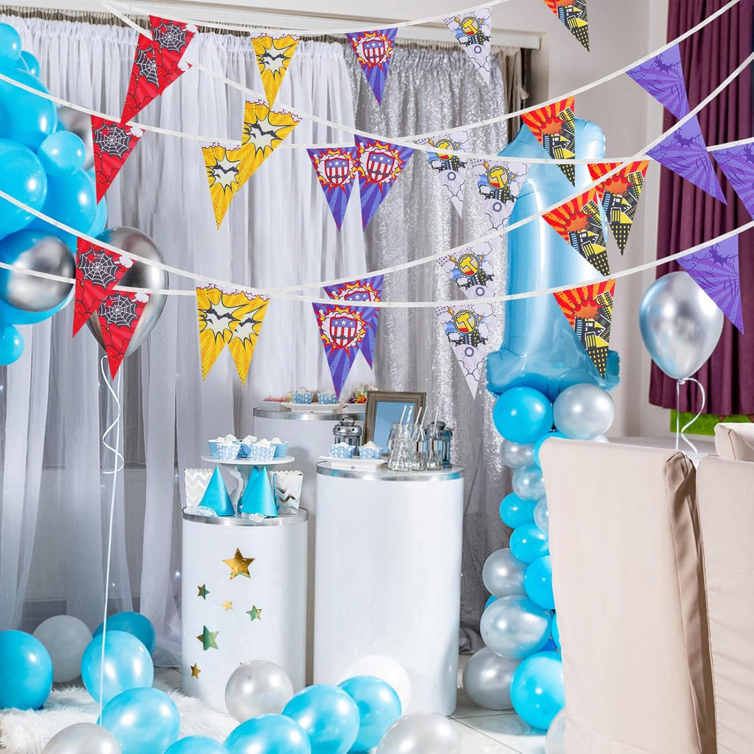 36 Pcs Hero Triangle Banner, 11M/36Ft Colorful Hero Theme Pennant Banner Flags Cartoon Theme Party Decorations Hero Flag Backdrop for Kids Birthday Baby Shower Photo Decoration image number 4