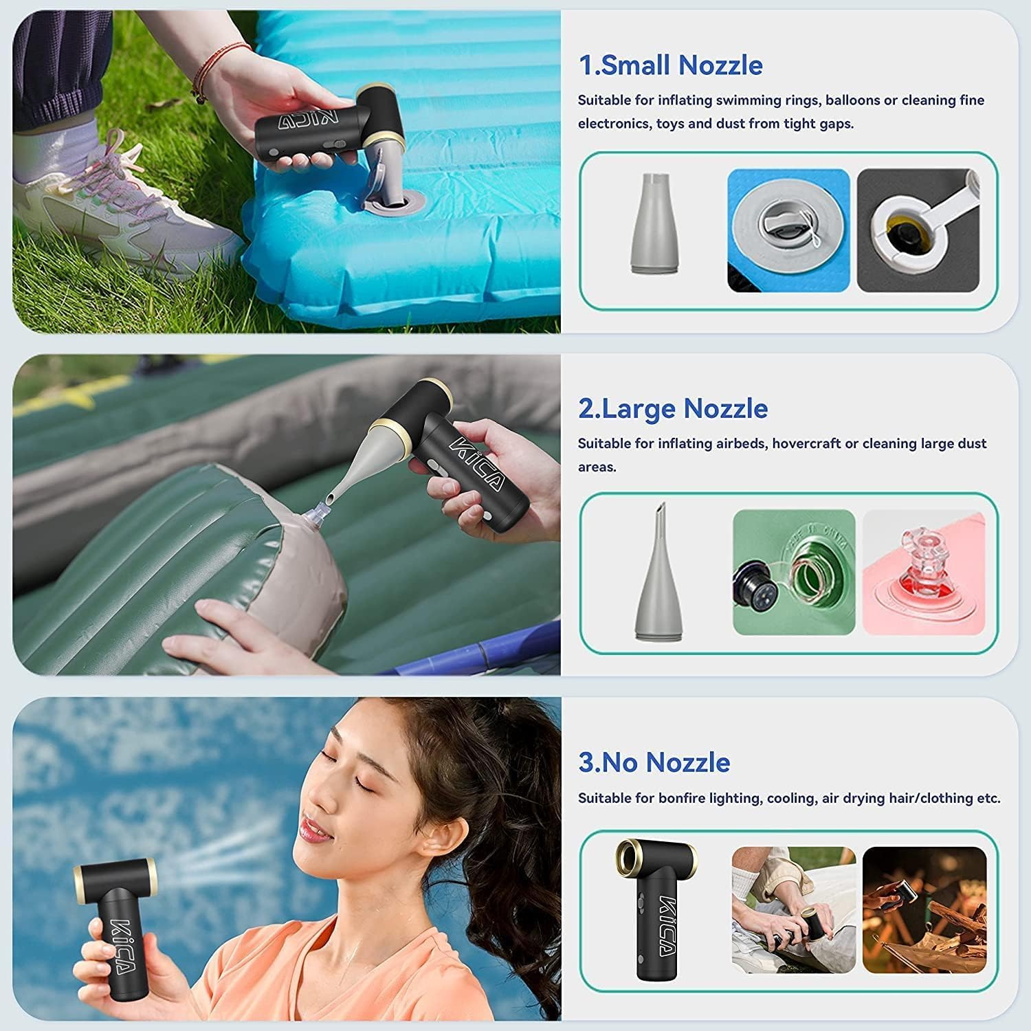 [Combo] Kica Jetfan 2.0 Electric Air Duster+Vacuum Accessory for Computer/Keyboard/House Cleaning/Camera Lens/Camping/Bbq/Car/Barbershop,100000Rpm,Two Nozzle/Long Battery,Air Can Substitute Tool-Black image number 1