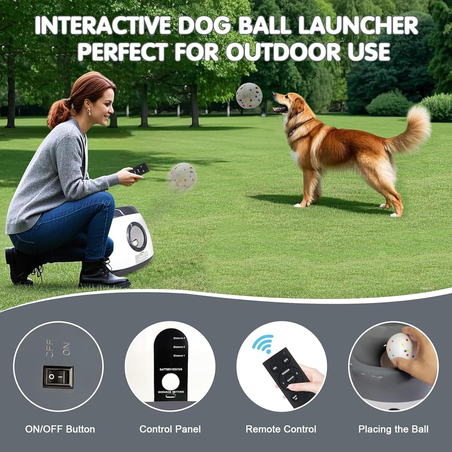 Big Automatic Ball Launcher for Dogs, 26Ft-79Ft Adjustable Distance Ball Thrower, 5200Mah Rechargeable Interactive Dog Ball Launcher with 6 Balls and Radar Wave Sensing Technology (Silver Grey) image number 2
