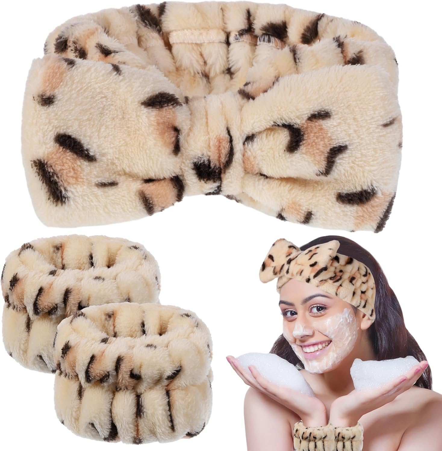 BESARME 3 Pieces Face Wash Headband and Wristband Set Soft Spa Headband and Wrist Towels for Women Makeup Skincare Headbands Wrist Bands for Washing Face(Light Coffee)