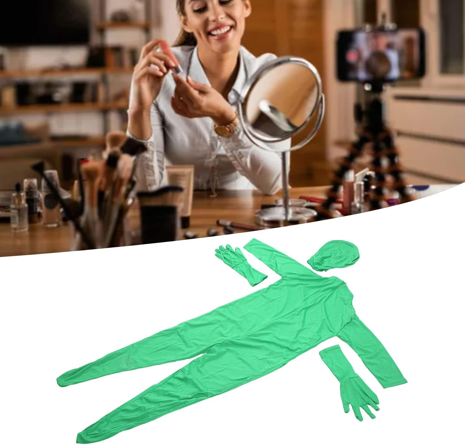 Green Full Bodysuit Men Spandex Stretch Adult Costume Chromakey Disappearing Zentai Unisex Greenman Body Suit for Photo Video Photography Effect, Spandex Stretch (160Cm) - 180Cm Full Bodysuit image number 5