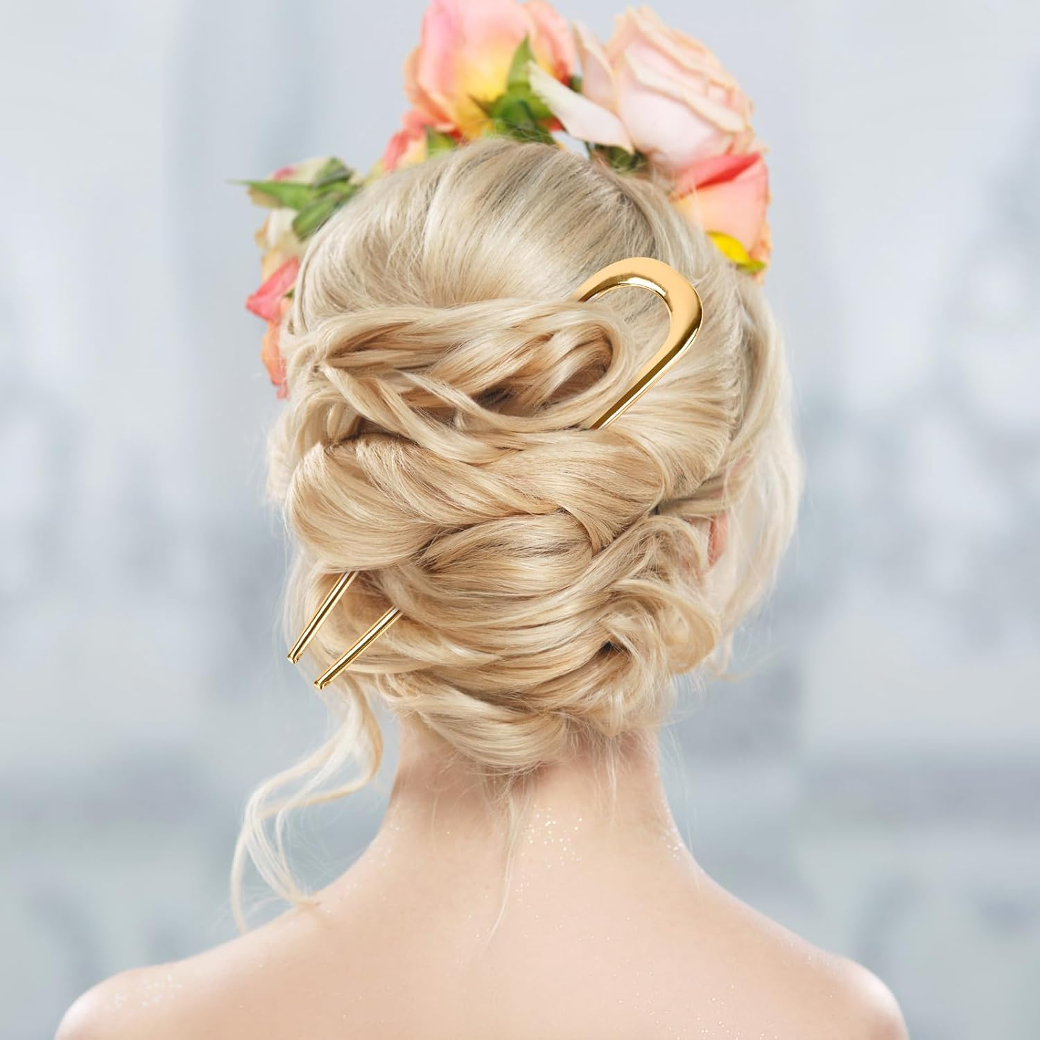 Pack of 2 U-Shaped Hair Pins, French Hair Pins, Large, U-Shaped French Hair Pin Made of Metal, Hair Bow, Hair Fork, Hair Sticks, Hair Accessories for All Hair Types of Women and Girls (Gold, Silver) image number 6