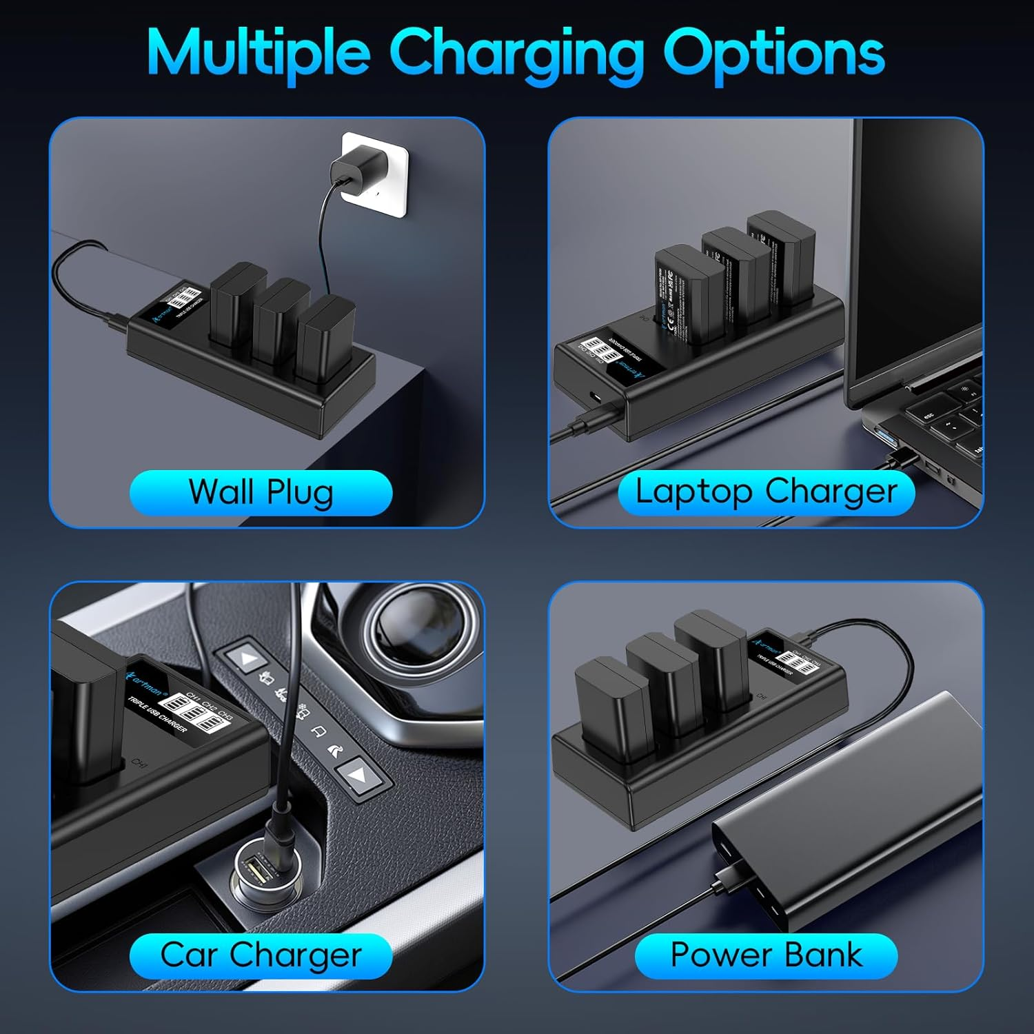 Artman NP-FW50 Battery 3-Pack and Upgraded 3-Slot ZV-E10 Battery LCD Charger for Sony ZV E10, Alpha A6500 A6400 A6300 A6000 A5100 A5000, A7S II, A7S, A7R II, A7R, A7 II, A7, RX10 II III IV Cameras image number 5
