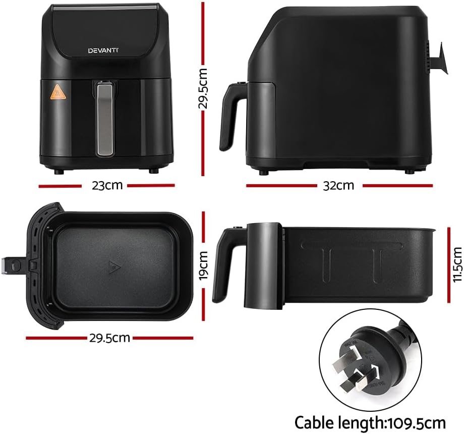 Devanti Air Fryer, 5L 1500W Airfryer Electric Cooker Airfryers Deep Fryers Rack Silicone Baking Basket Kitchen Oven Household Small Kitchens Appliances, Touch-Sensitive Control Panel Black image number 5